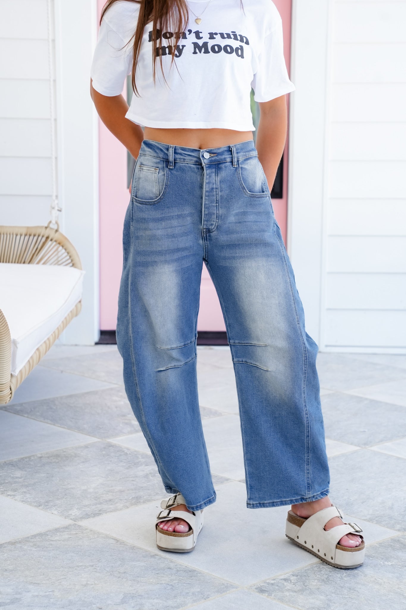 Restock! Non-Distressed Barrel Jeans with Elastic Waist Detail