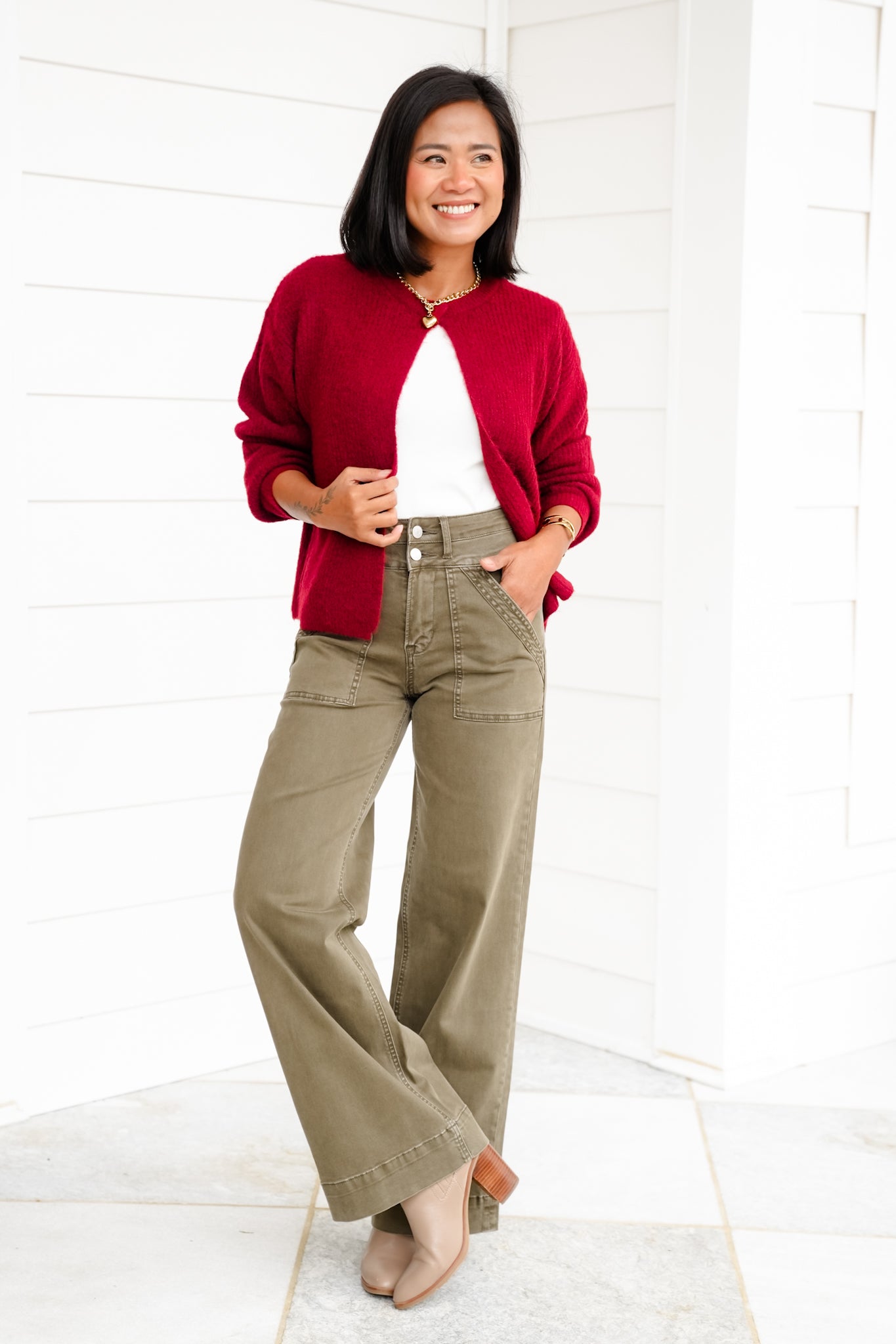 Mica High Rise Green Double Waistband Wide Leg Jeans
