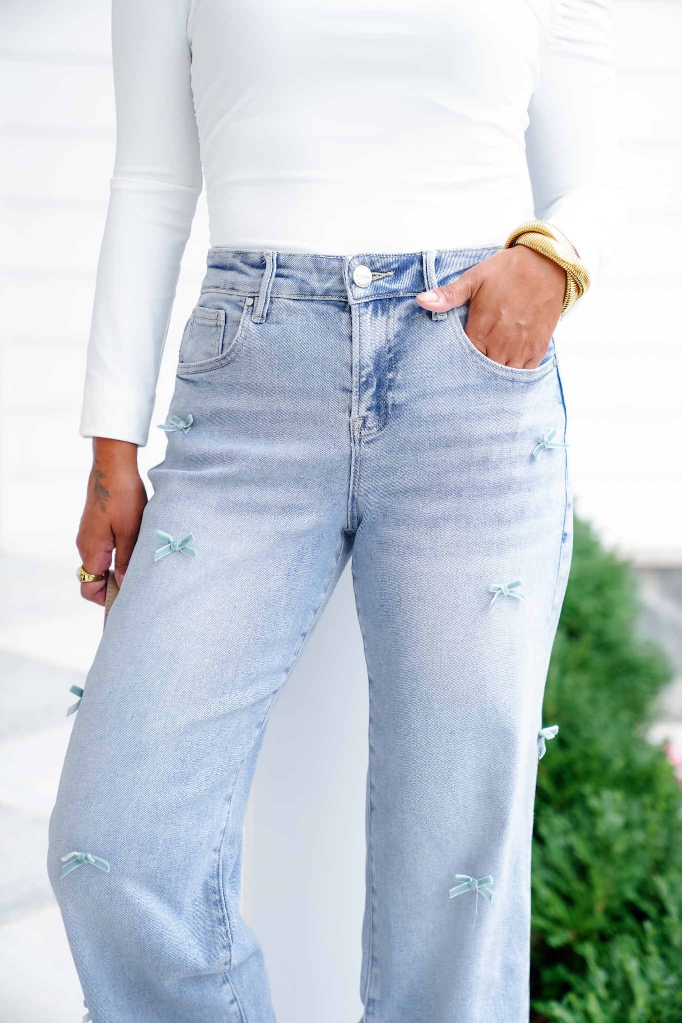 Risen High Rise Light Wash Crop Barrel Jeans with Bow Detail