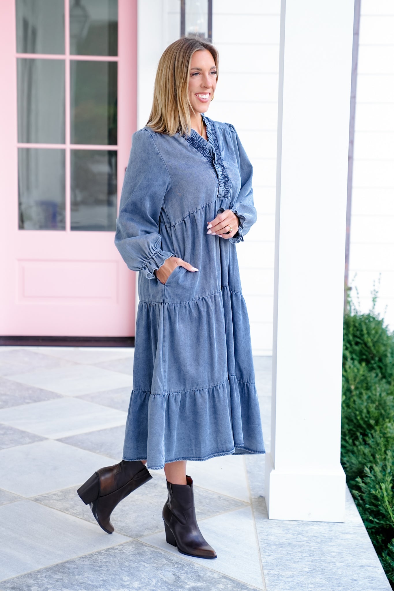 Long Sleeve Smock Neck Tiered Maxi Dress