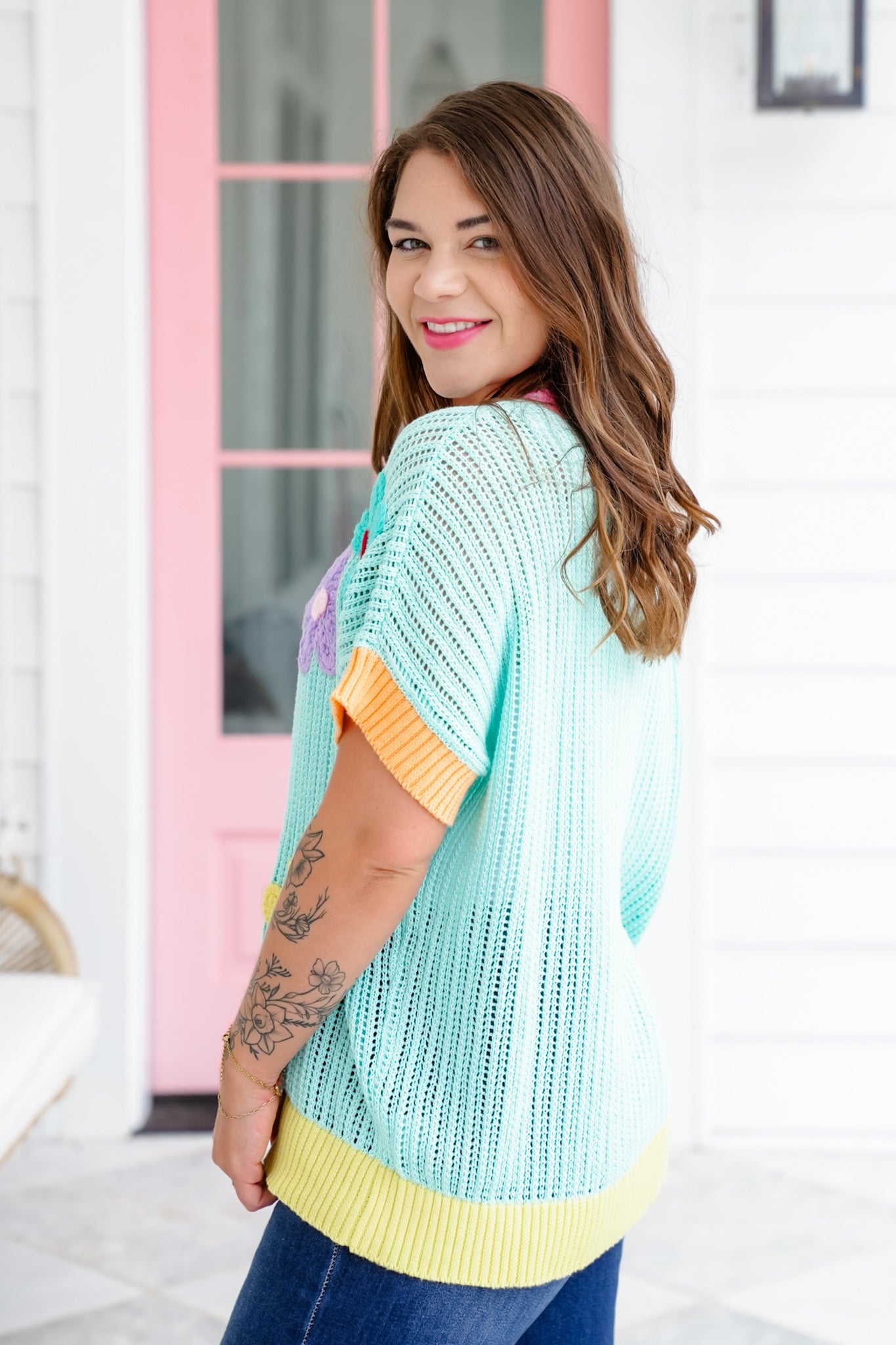 Loose Knit Short Sleeve Sweater with Crocheted Flower Detail