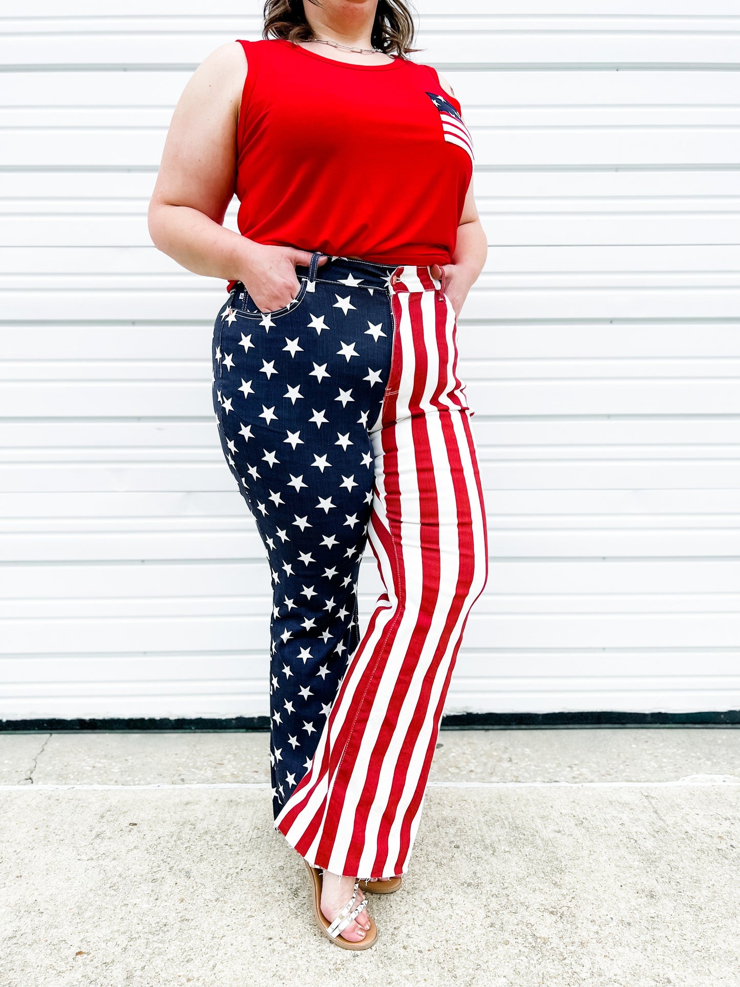 Judy Blue High Rise Stars and Stripes Print Raw Hem Flare Jeans
