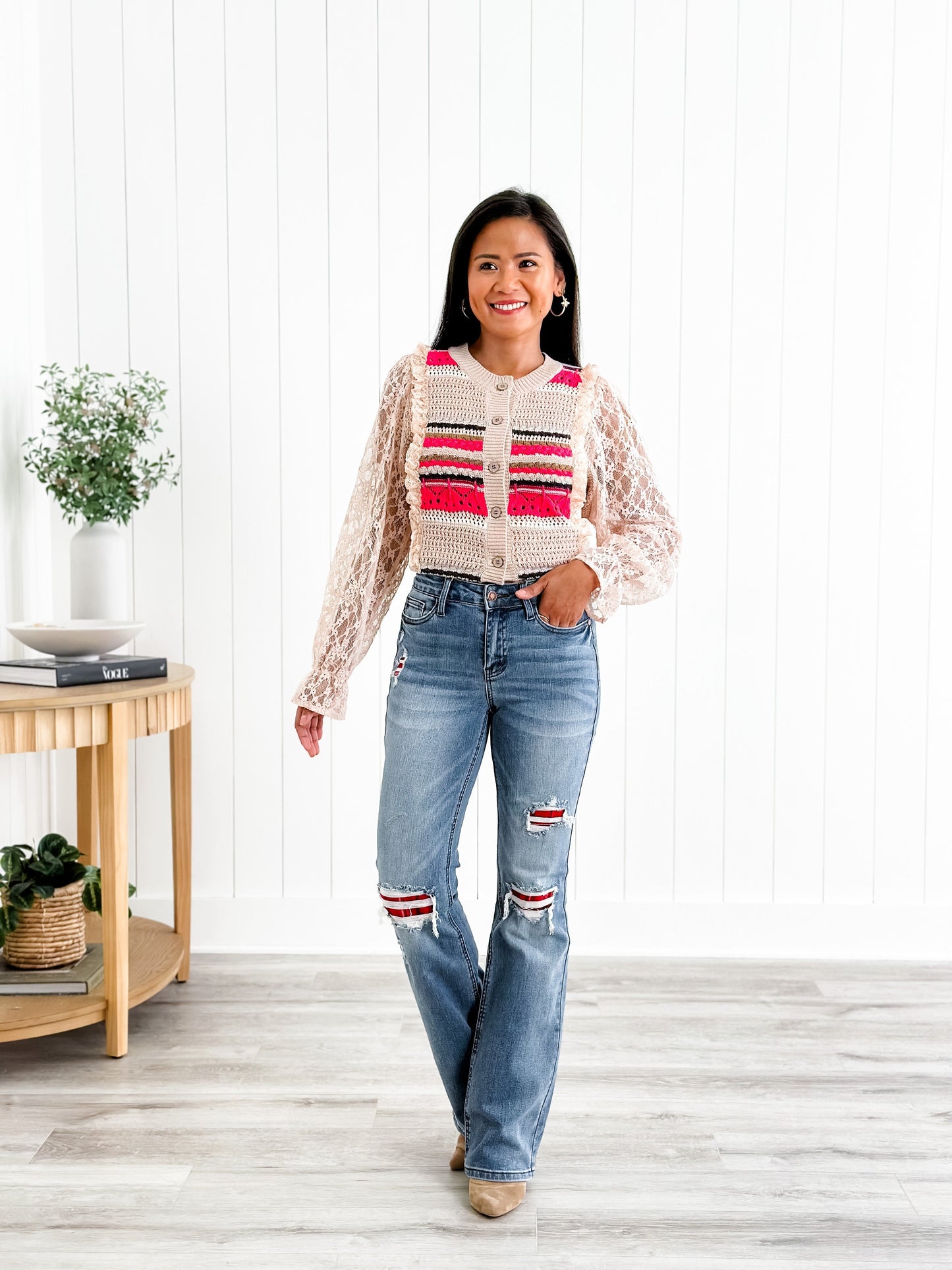 Judy Blue Plaid for You Mid Rise Medium Wash Bootcut Jeans With Patch Detail