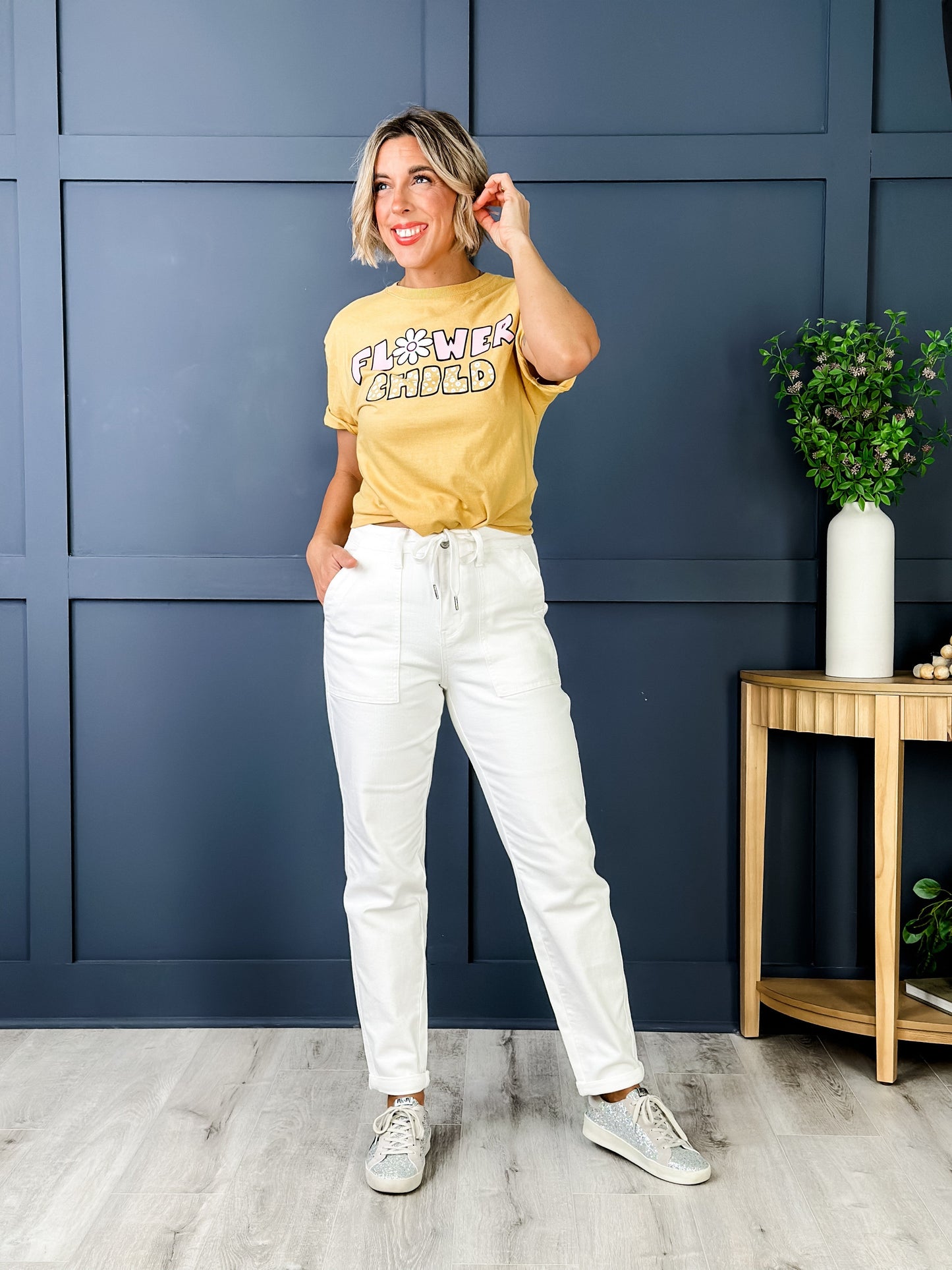 Judy Blue WHITE Airplane Mode High Rise White Cuffed Jogger