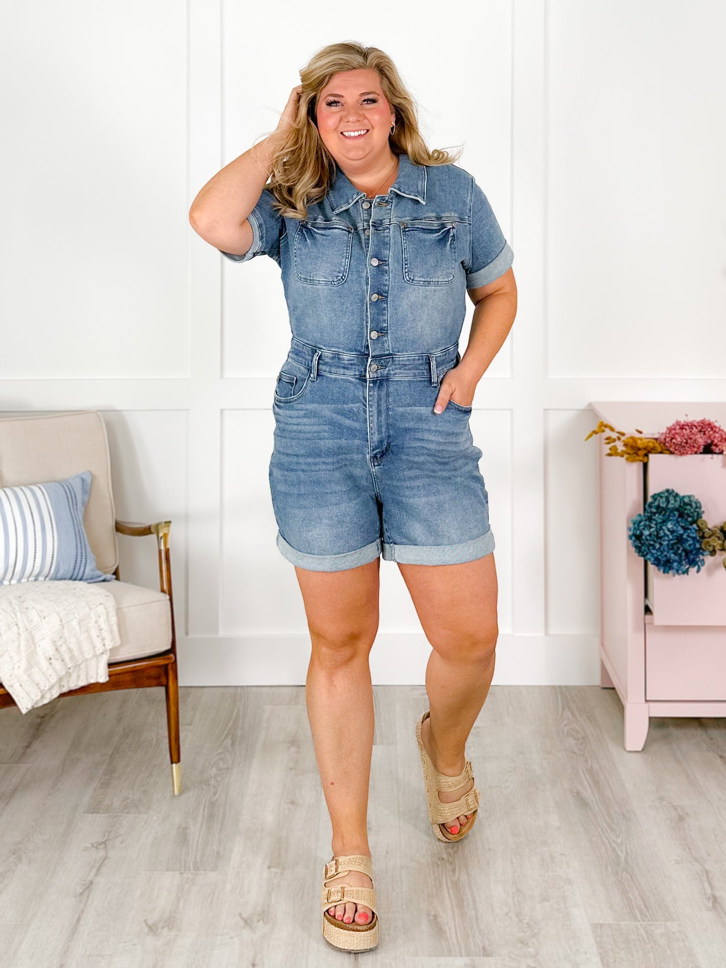 Plus/Reg Wildflower Judy Blue Denim Short Sleeve High Waist Romper