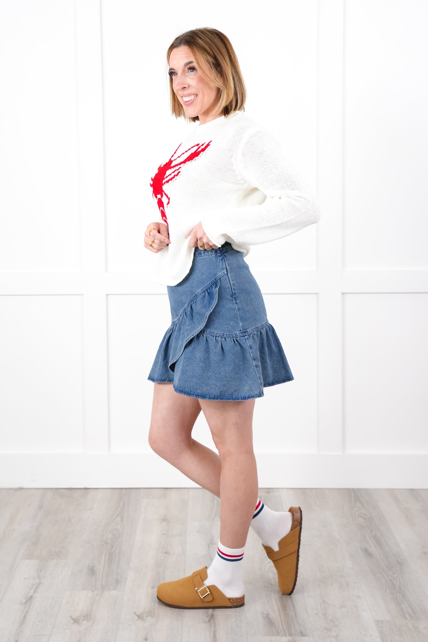 Denim Ruffle Skirt with Side Zipper