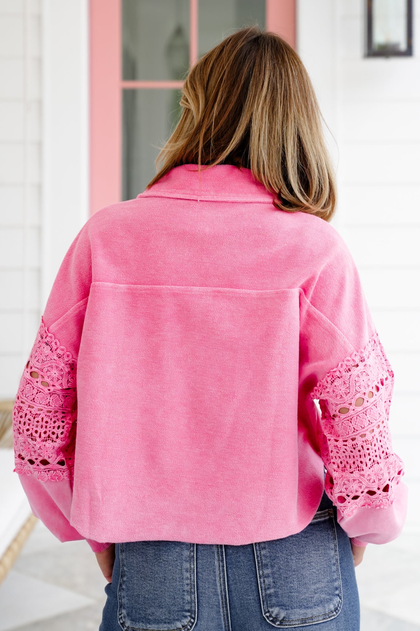 Washed Long Sleeve Button Up Pullover Crop Top with Lace Detail