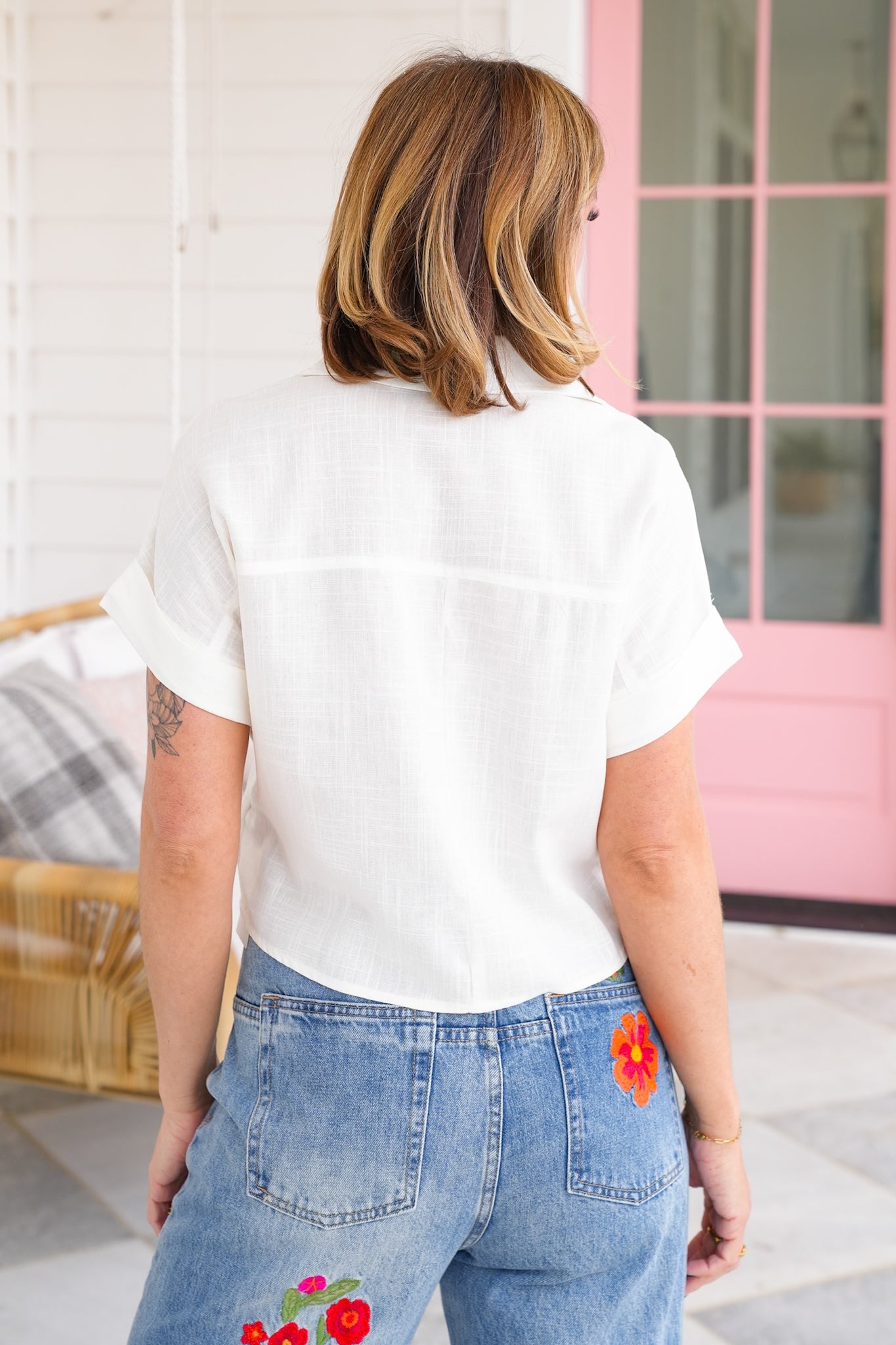 Linen Short Sleeve V Neck Top