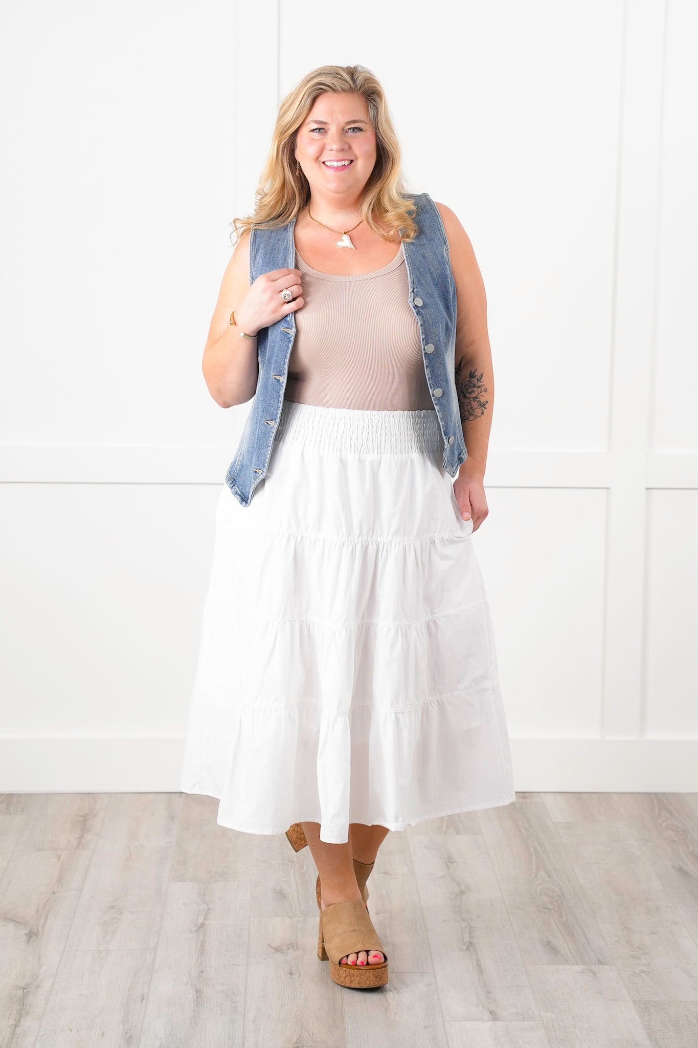 White Woven Smocked Waist Tiered Skirt