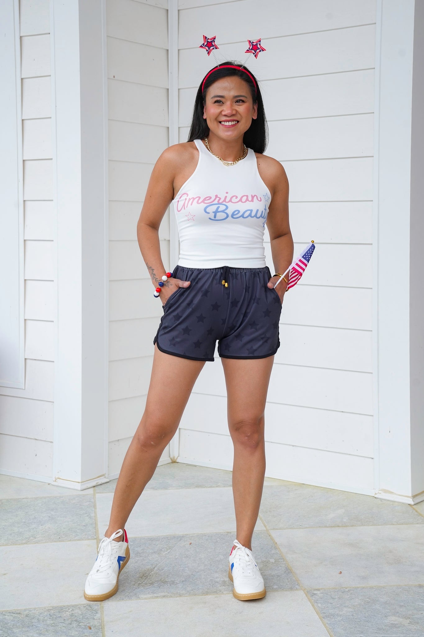 Plus/Reg Black Star Print Elastic Waist Shorts