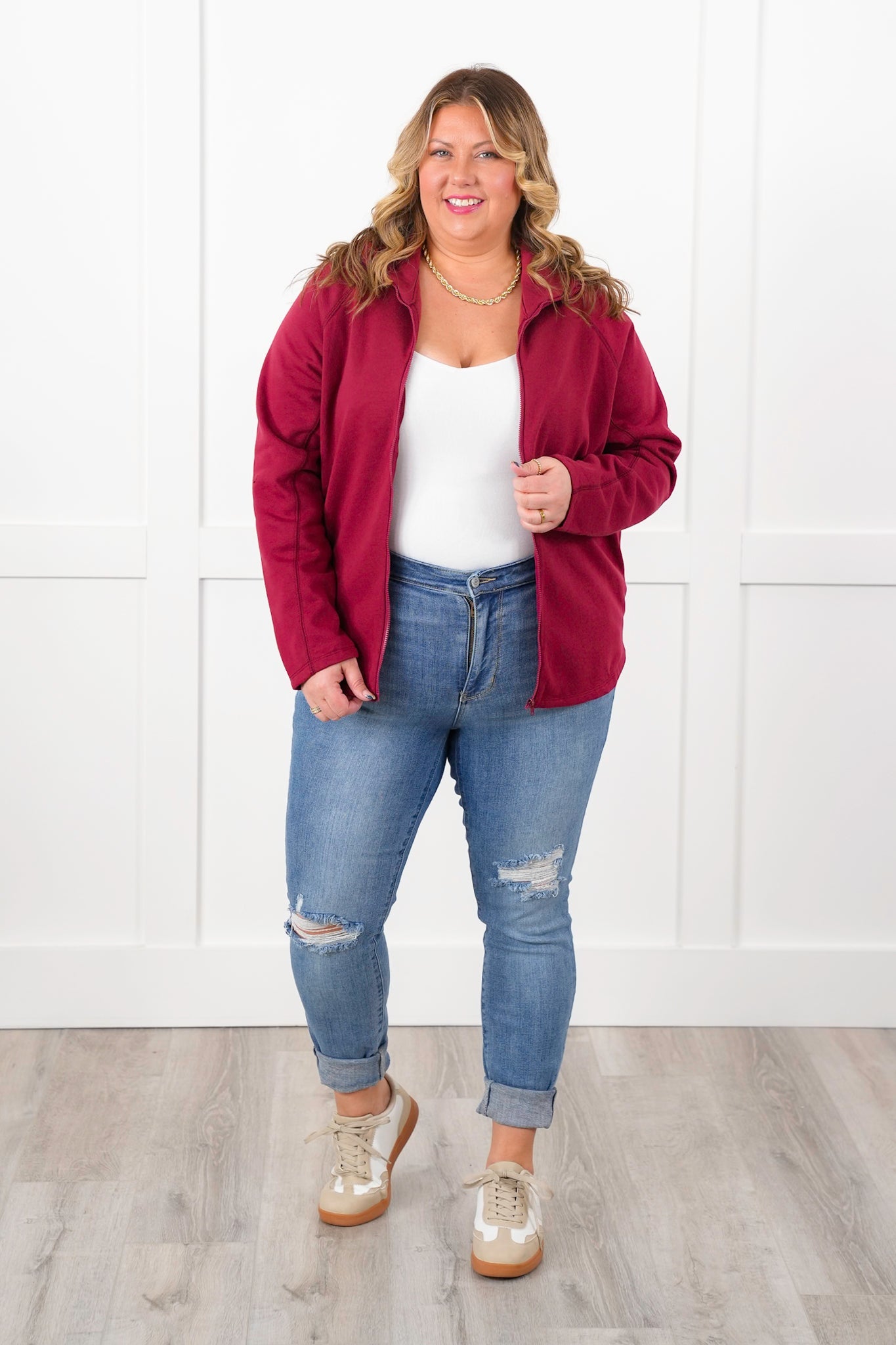 Burgundy Long Sleeve Mock Neck Zip Up Top with Side Pockets