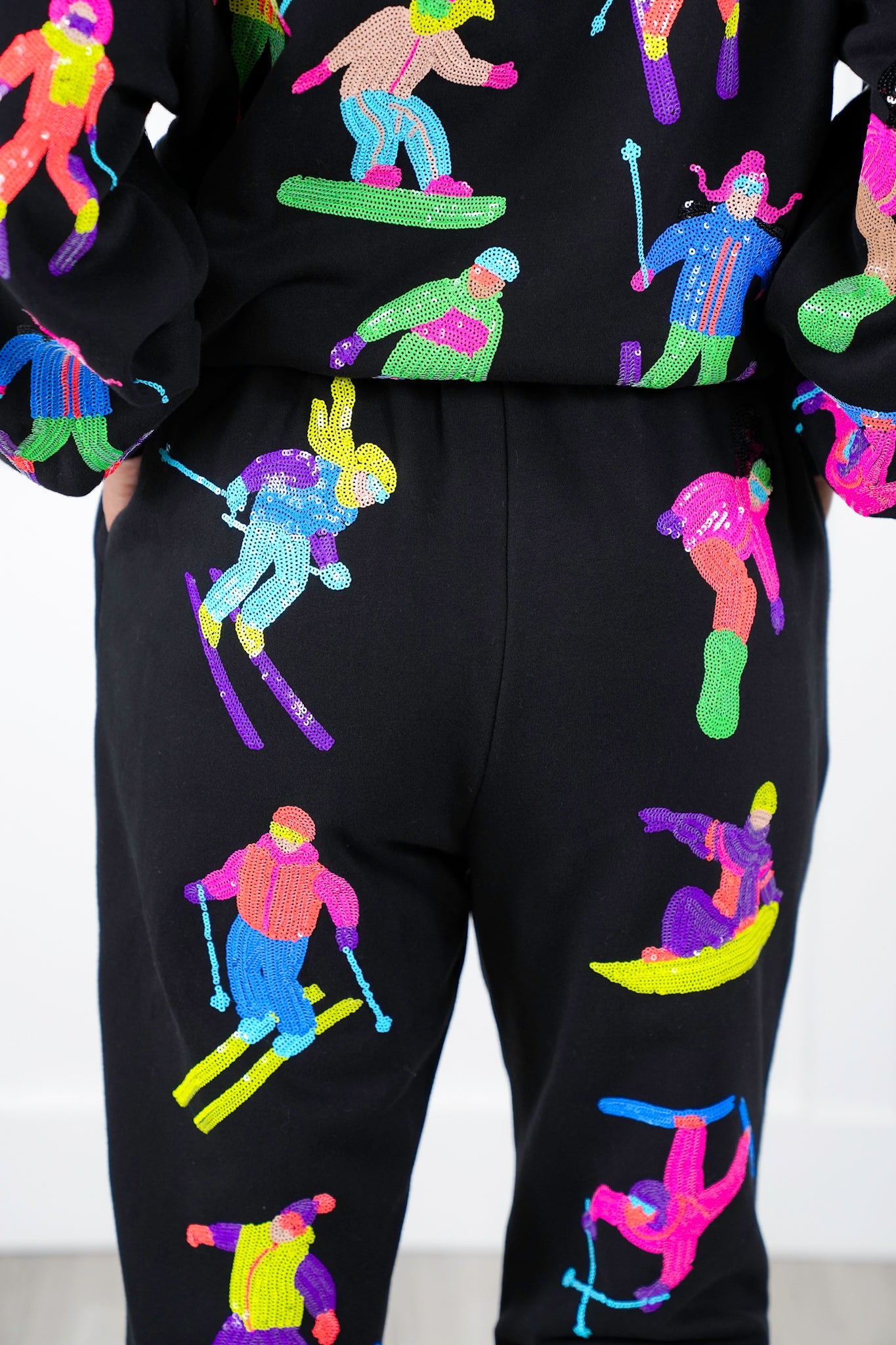 Plus/Reg Queen Of Sparkles All Over Neon Sequin Skiers Elastic Waist Joggers