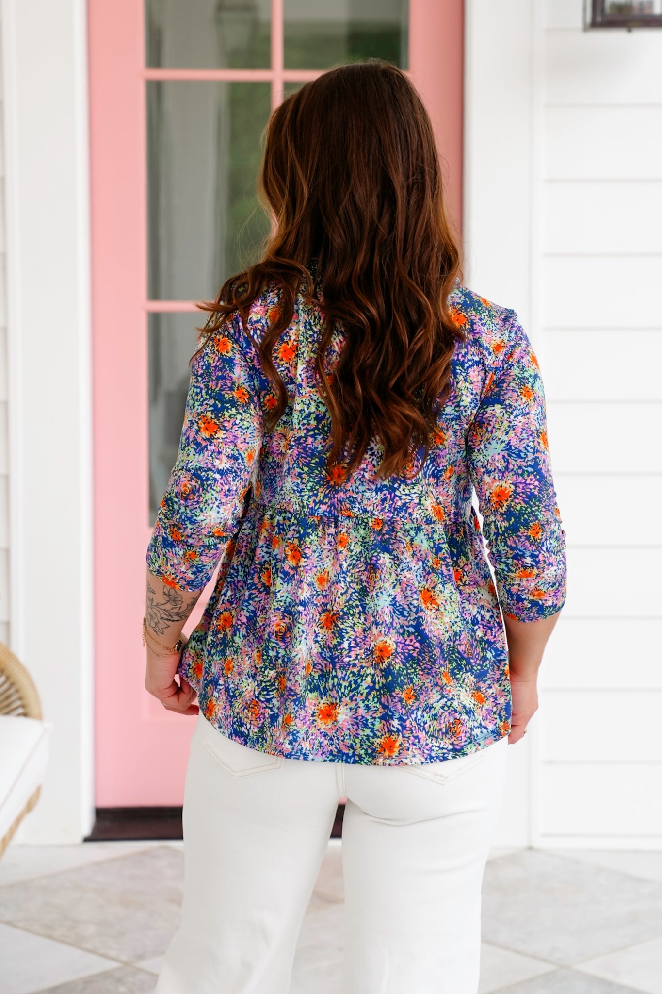 Plus/Reg Multi Color Print 3/4 Sleeve V Neck Blouse Top