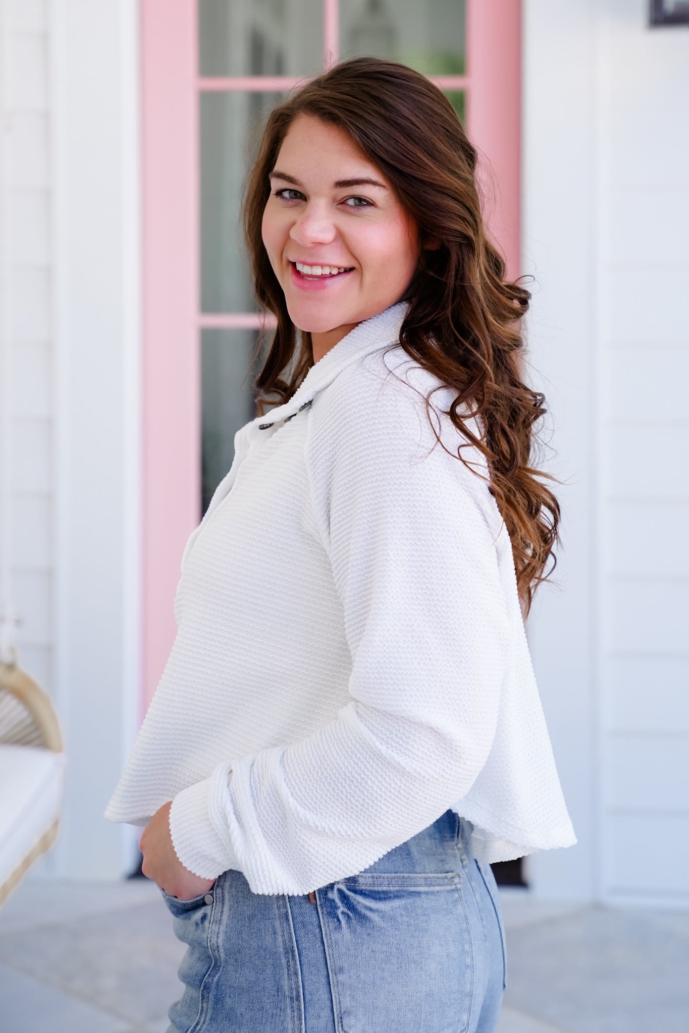 Ivory Textured Long Sleeve Button Up Top