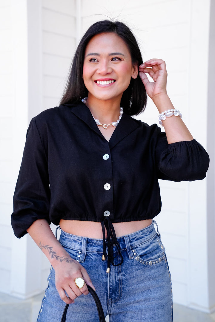 Black Linen Blend 3/4 Sleeve Button Down Crop Top with Drawstring Detail