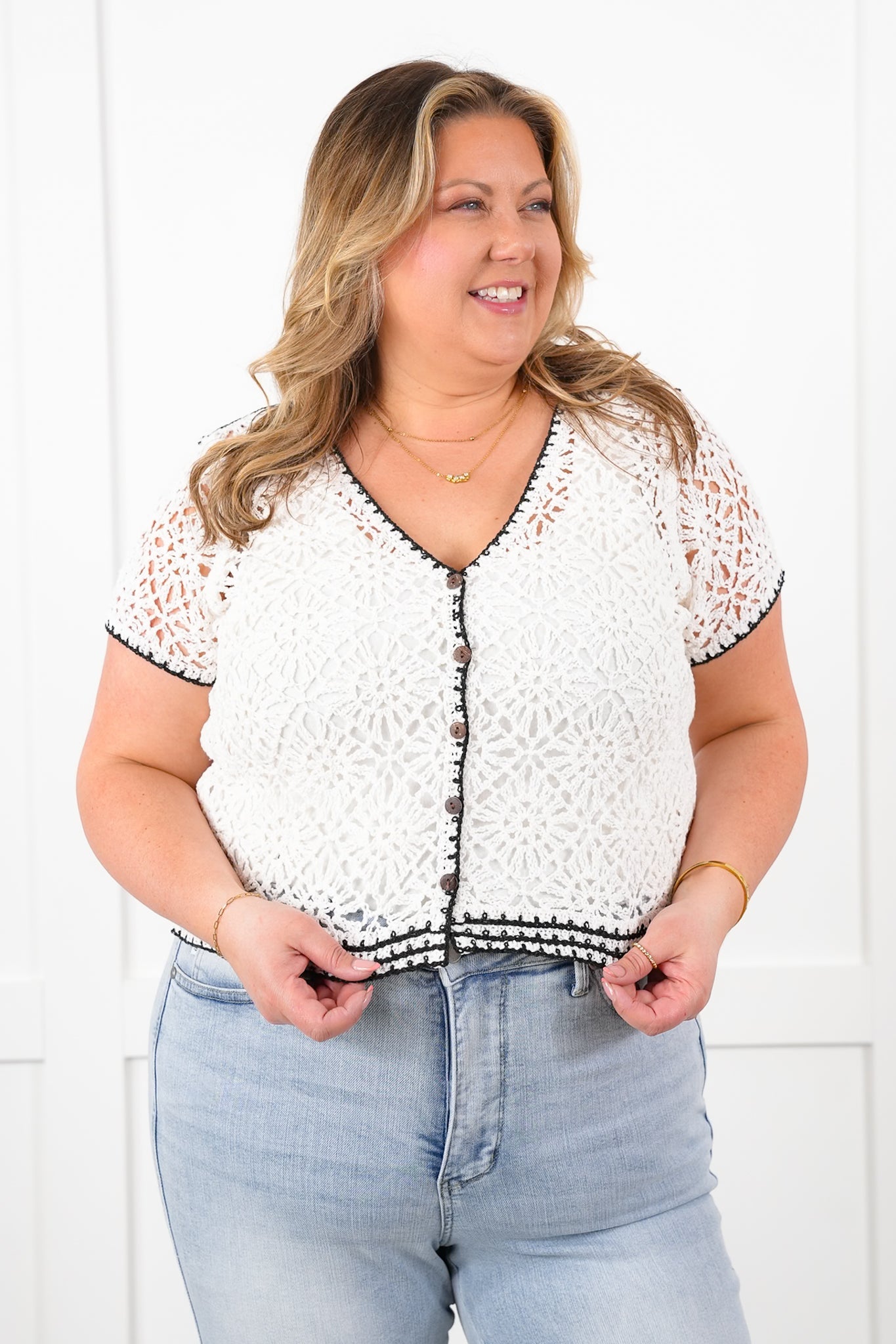Crochet Short Sleeve V Neck Button Down Cardigan