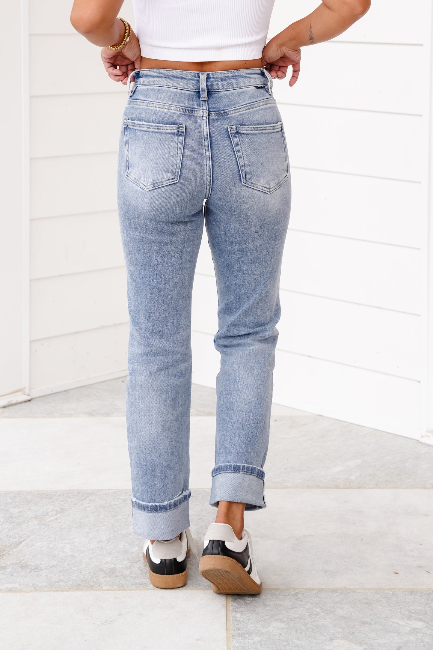 Risen High Rise Light Wash Tummy Control Straight Leg Cuffed Jeans