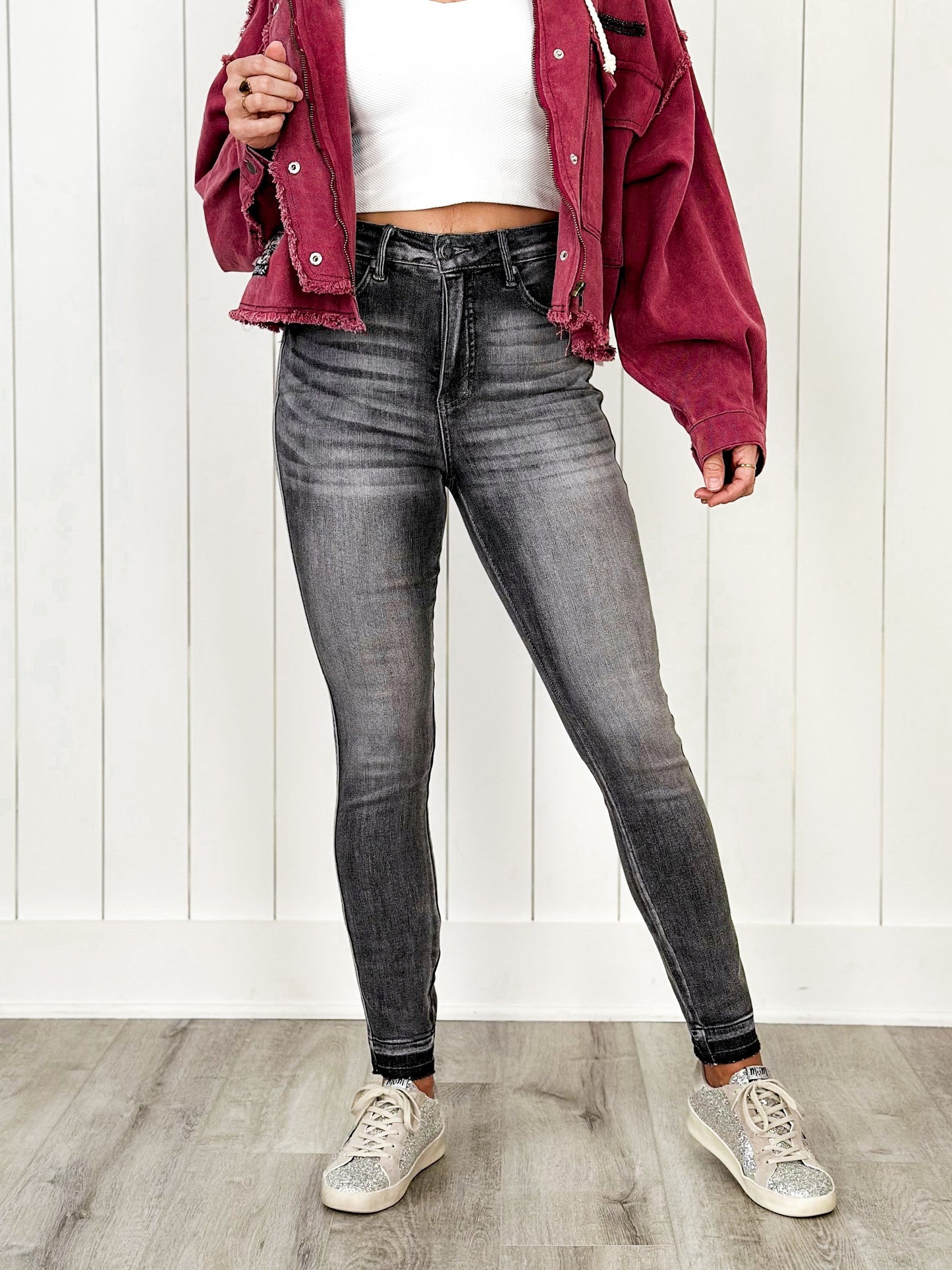 Judy Blue 50 Shades of Grey High Rise Grey Wash Tummy Control Skinny Jeans With Release Hem