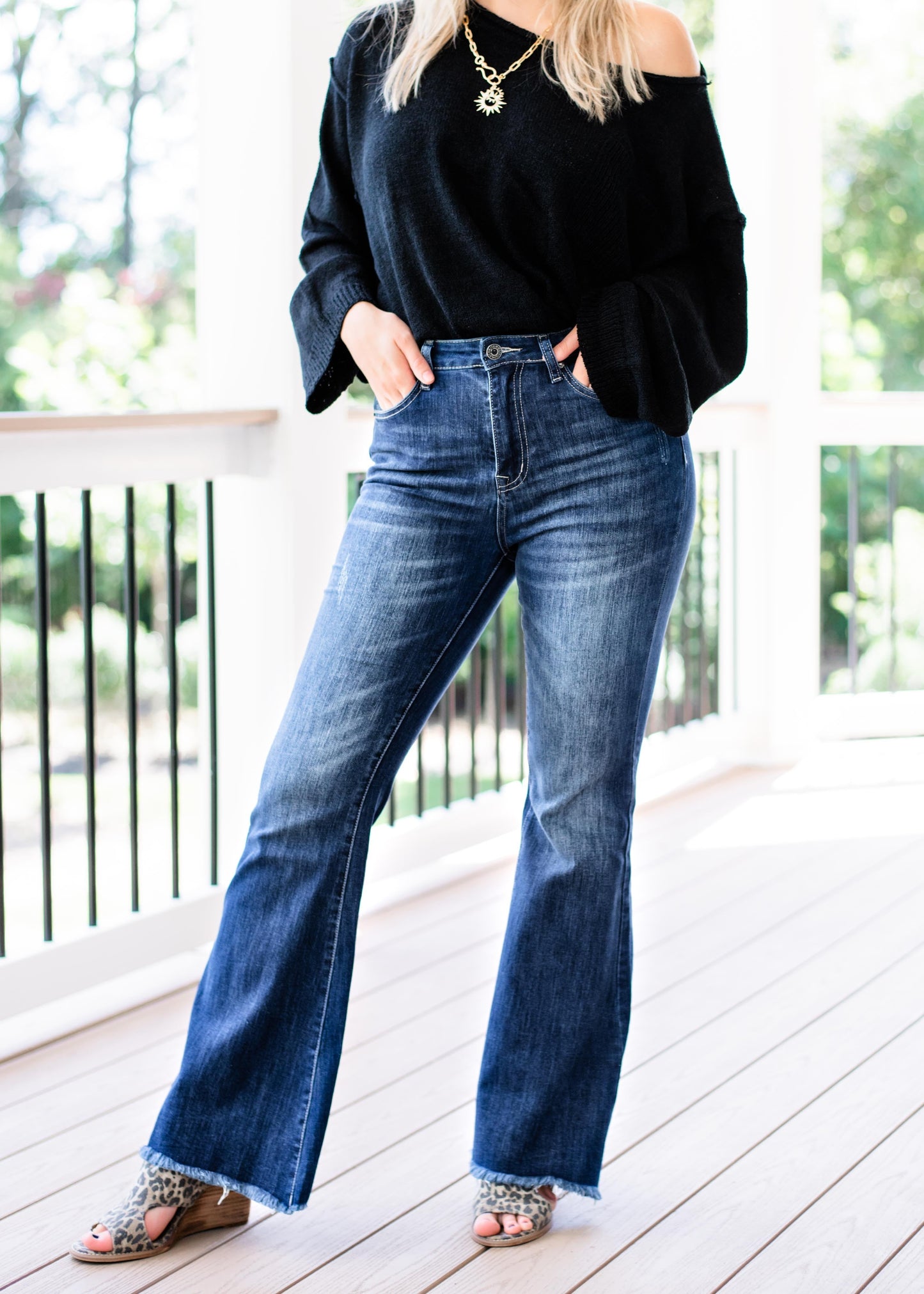 Risen Hot n Cold Vintage Dark Wash Frayed Hem Flare Jeans