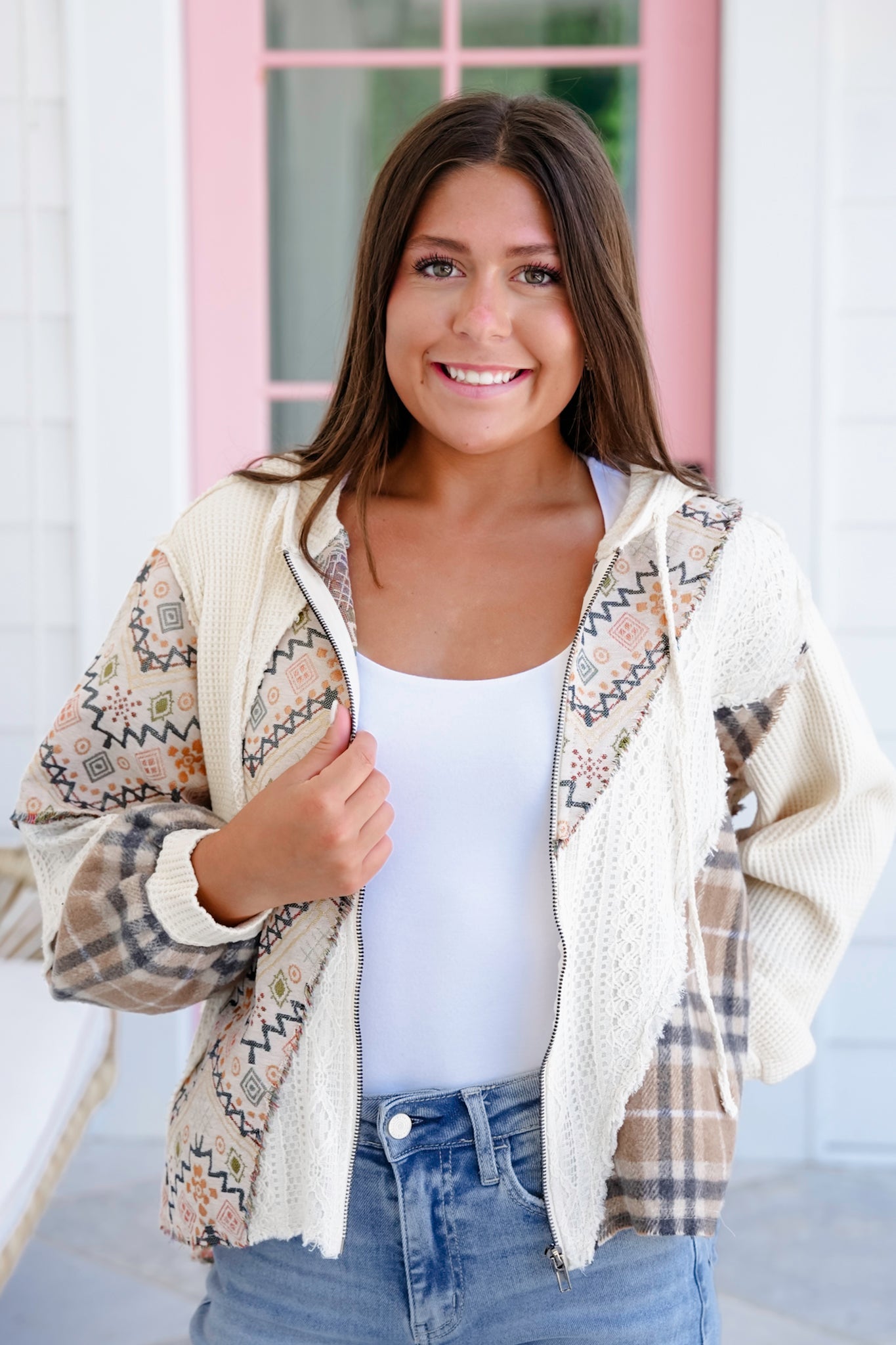 POL Mixed Fabric Long Sleeve Zip-Up Hooded Jacket
