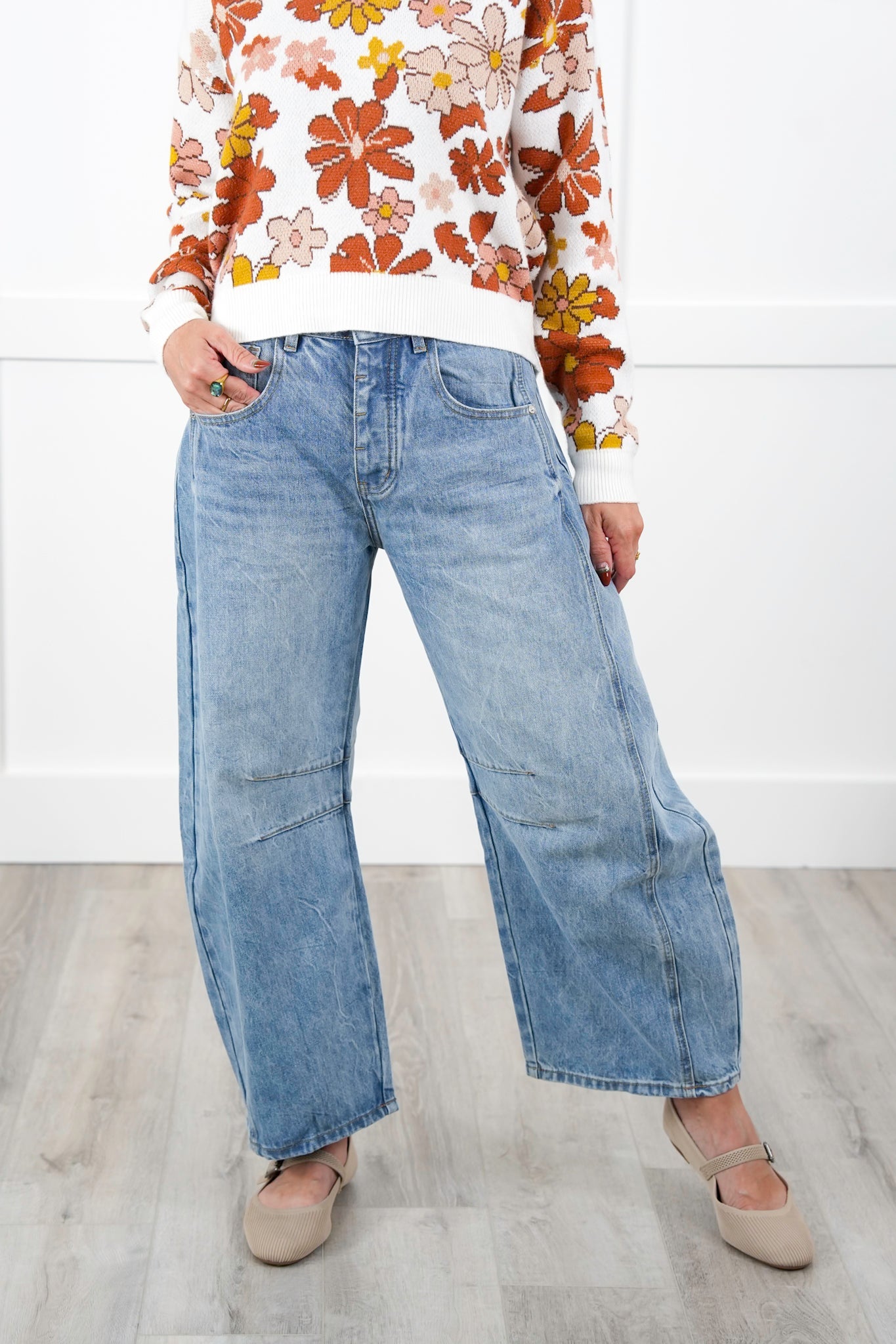 Mineral Wash Denim High Waist Barrel Pants