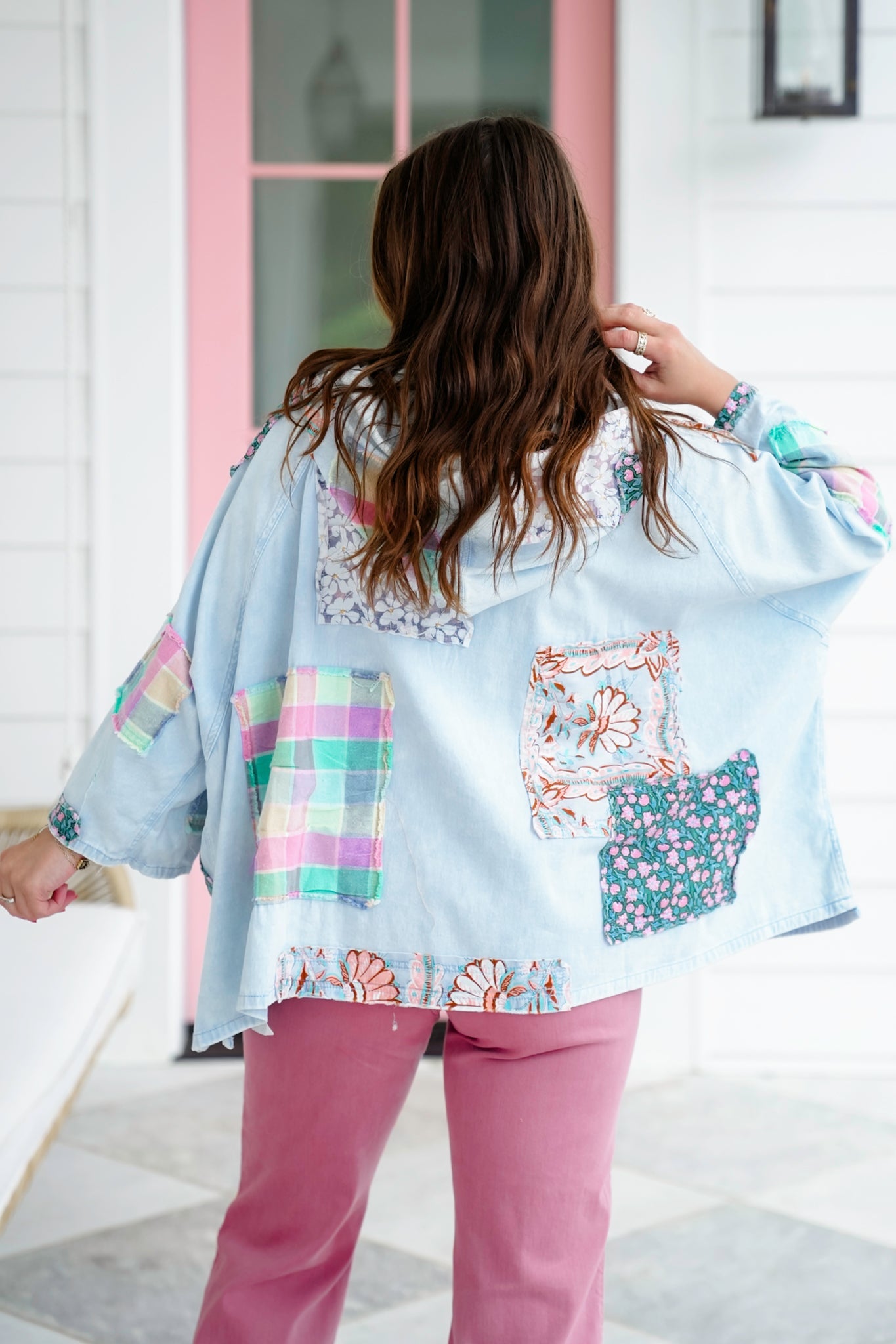 Patchwork 3/4 Sleeve Button Up Hooded Top