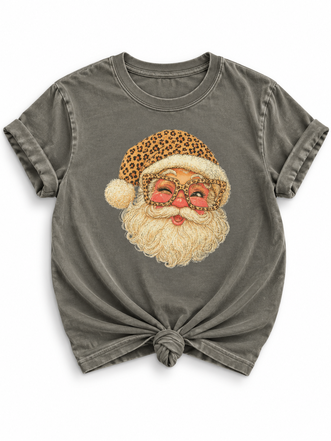 Plus/Reg Short Sleeve Leopard Santa Christmas Graphic Tee
