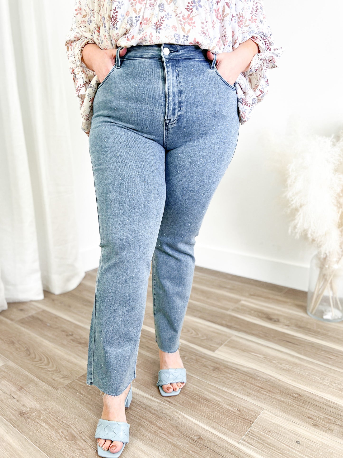 Risen Medium Wash High Rise Slim Straight Jeans With Rhinestones