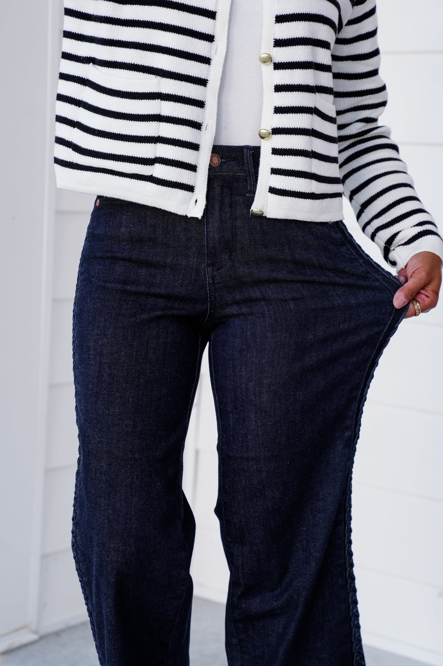 Judy Blue High Rise Dark Wash Cropped Jeans with Side Seam Braid Detail