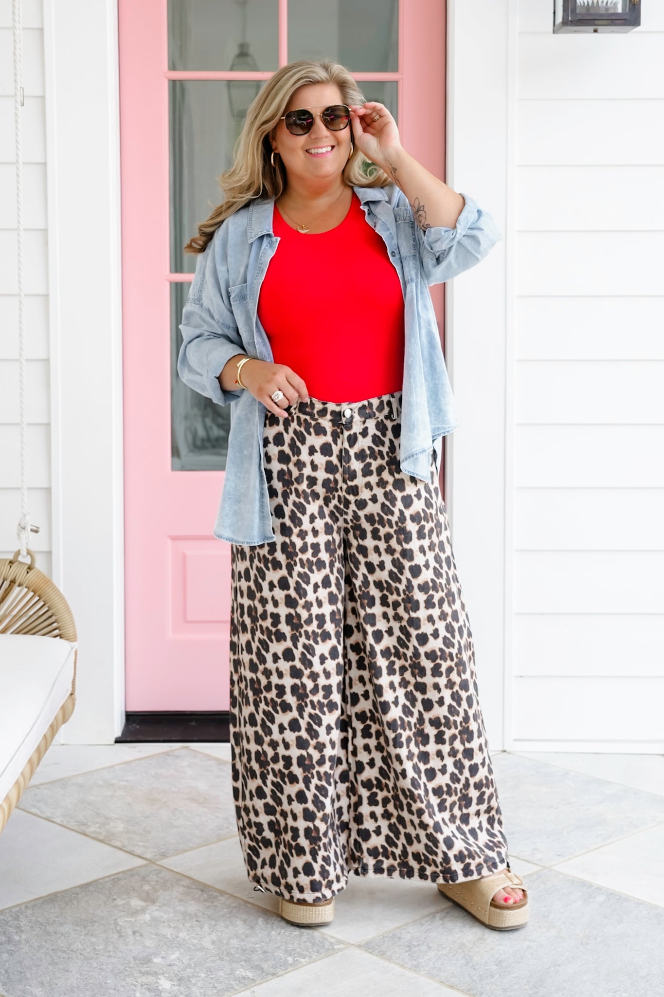 Plus/Reg Leopard Print Denim Wide Adjustable Leg Pants