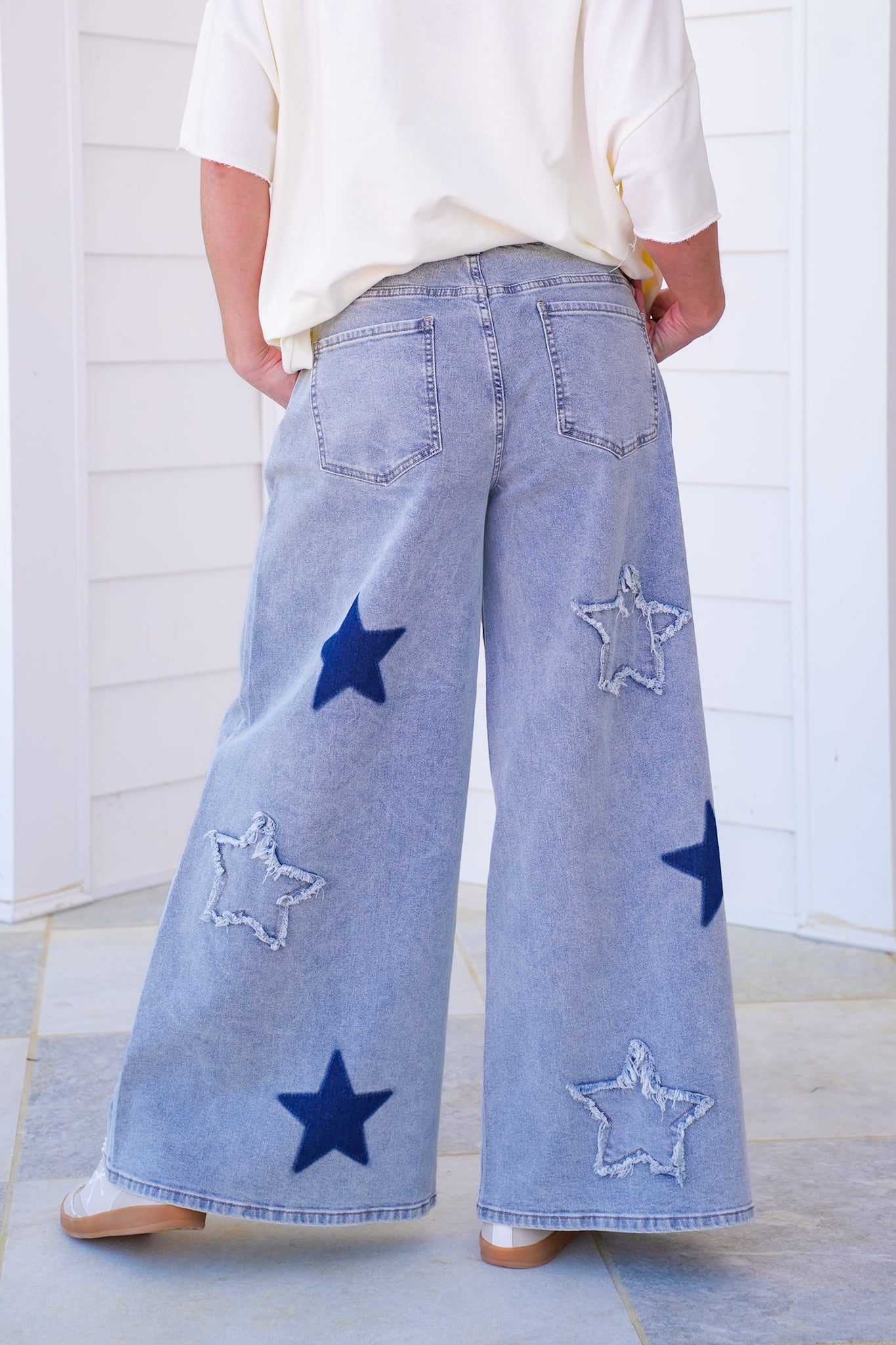 Mineral Wash Denim Wide Leg Pants with Star Patch Detail