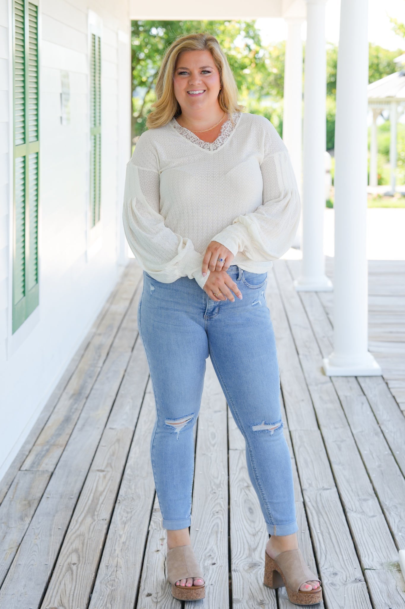 Knit Long Sleeve V Neck Top with Lace Detail (Multiple Colors)