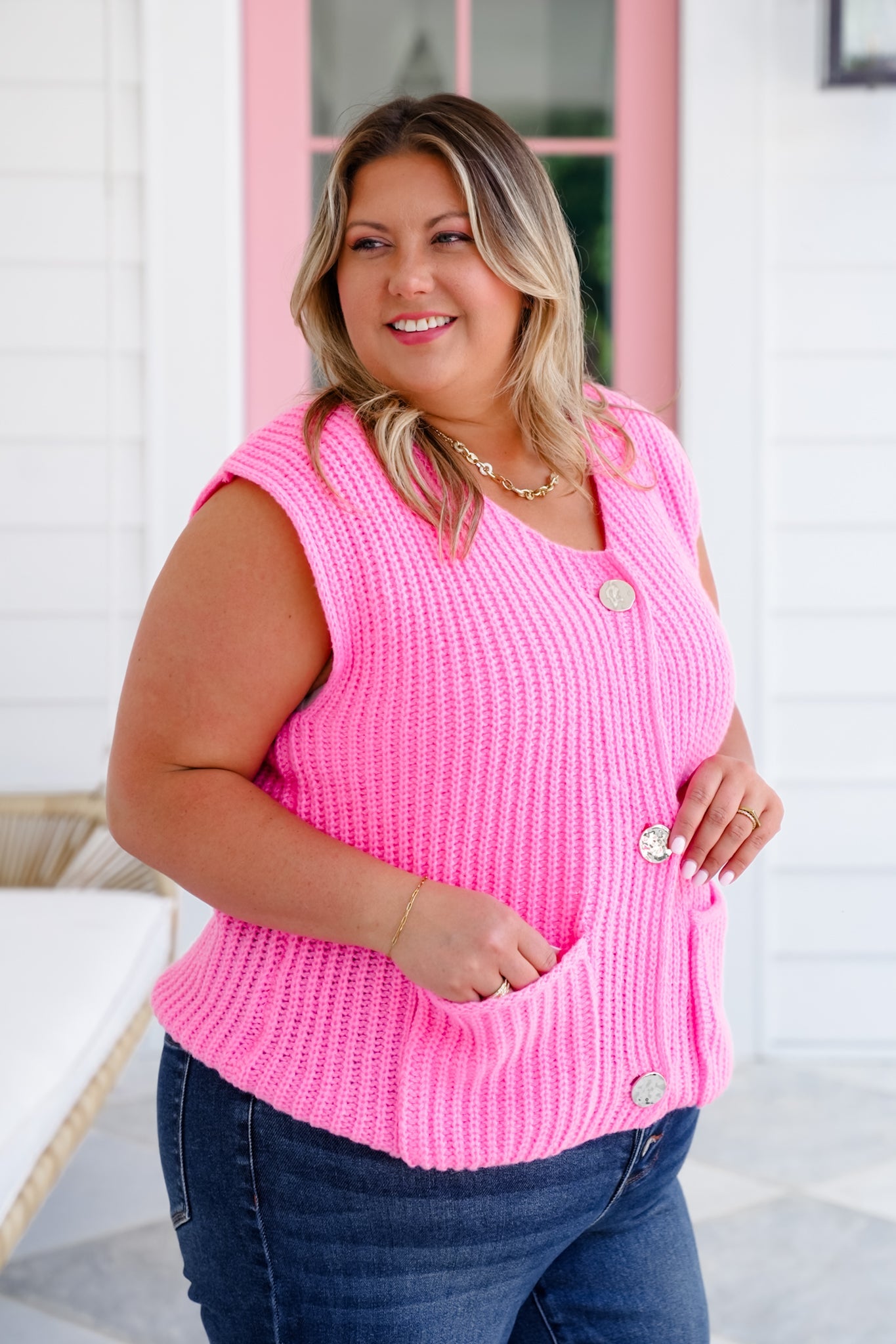 Pink Button Down Knit Sweater Vest with Patch Pockets