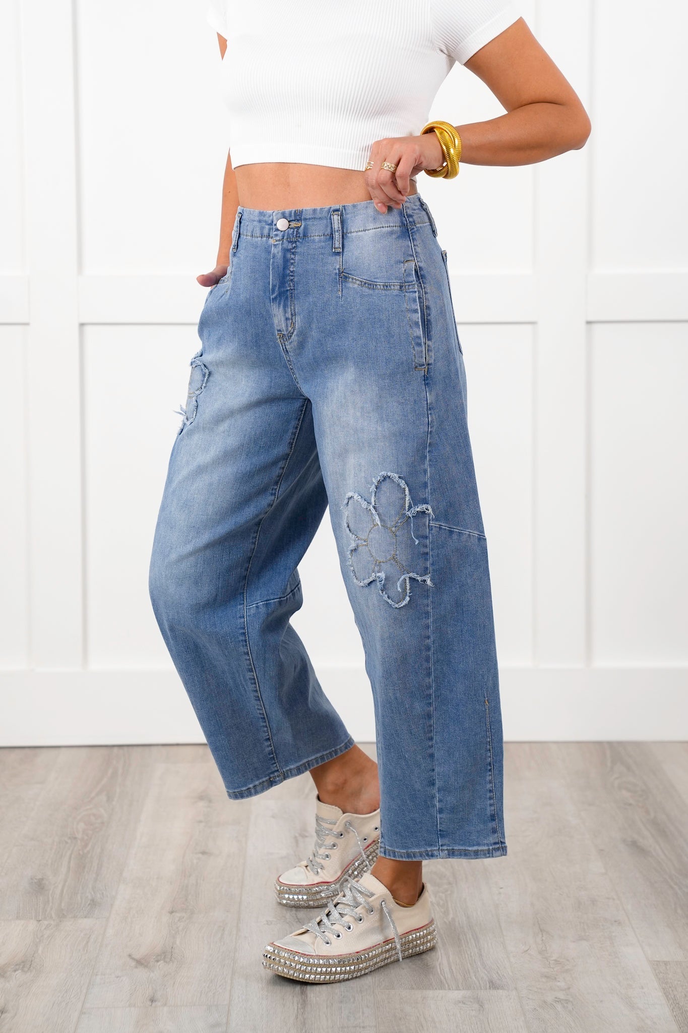 Washed Denim Barrell Jeans with Flower Patch Detail