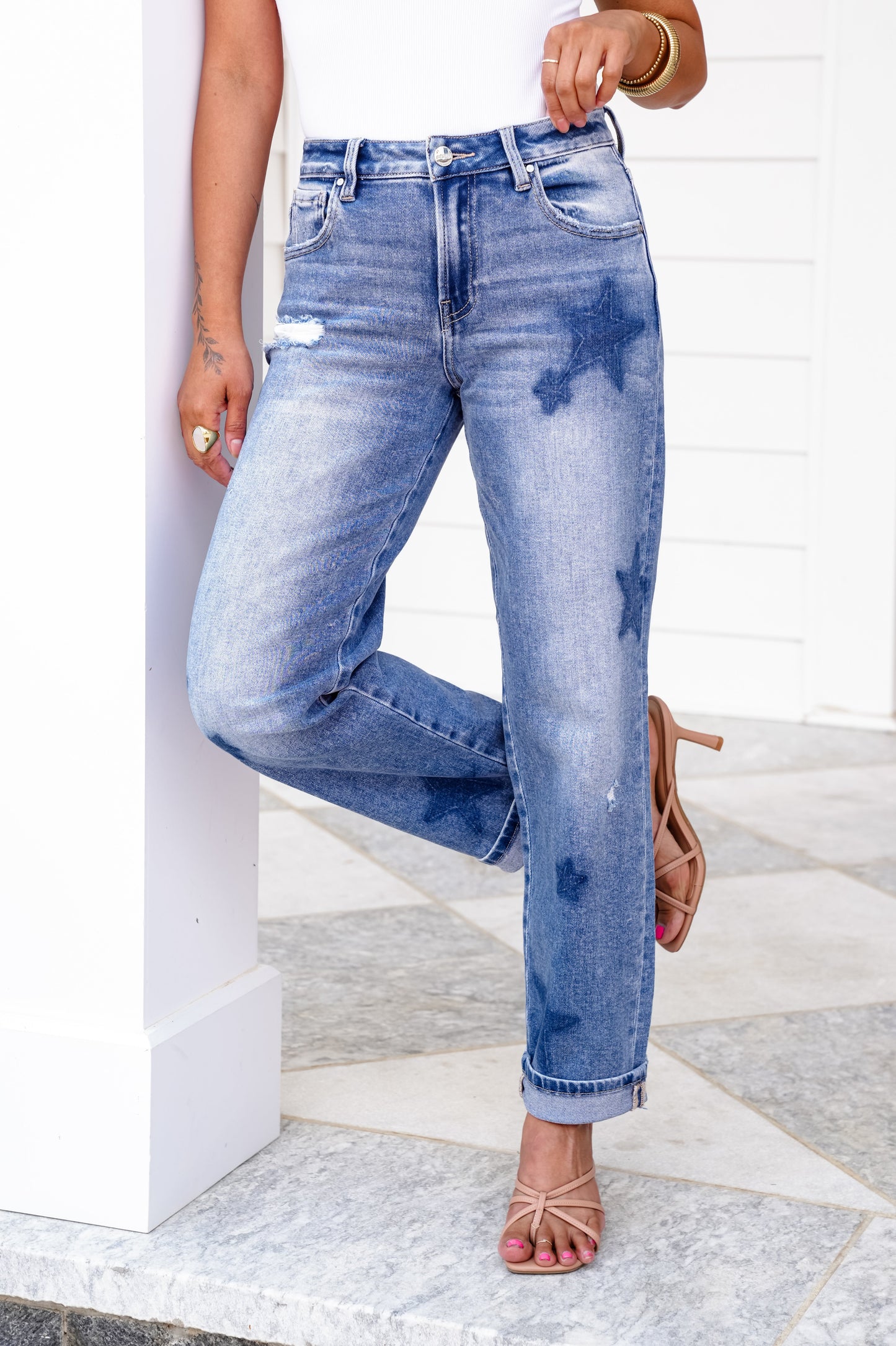 Risen High Rise Medium Wash Star Shade Boyfriend Jeans