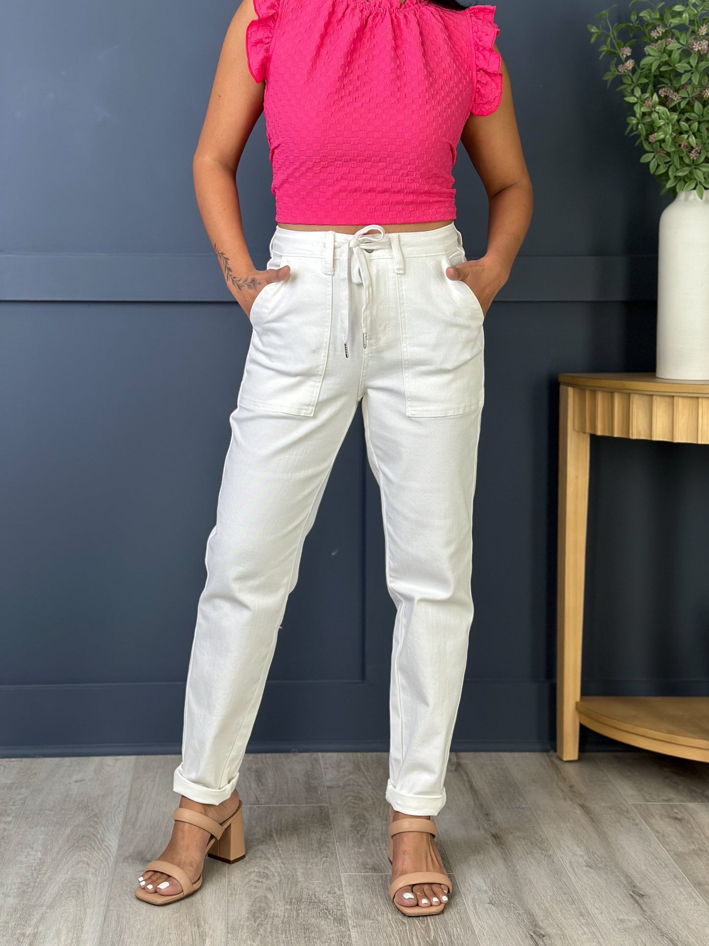 Judy Blue WHITE Airplane Mode High Rise White Cuffed Jogger