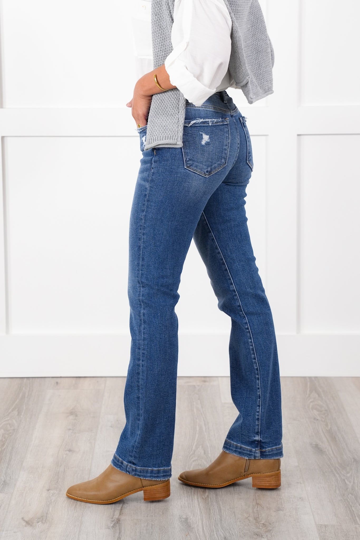 Risen Mid Rise Medium Wash Tummy Control Elastic Waistband Straight Leg Jeans