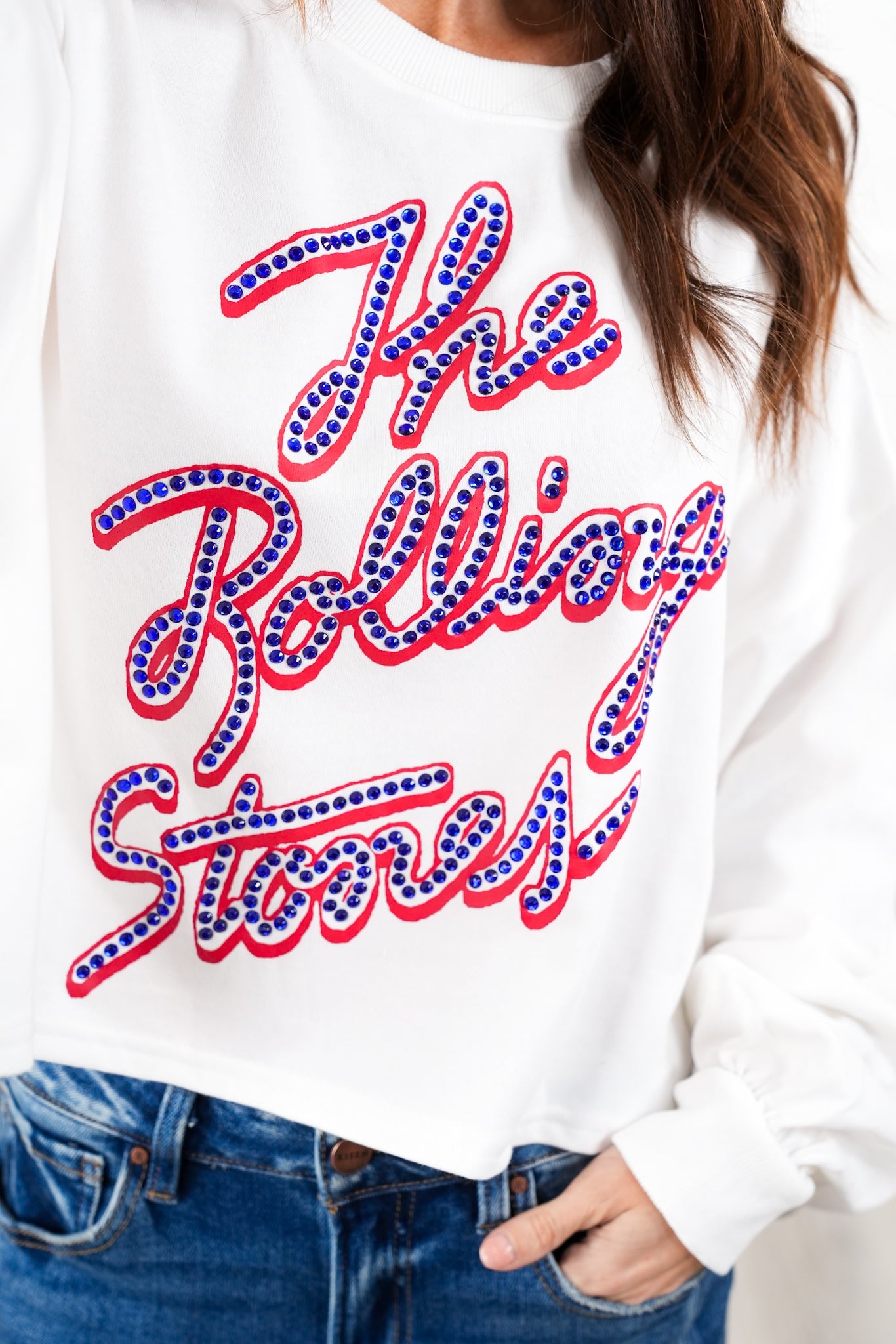 Rhinestone "The Rolling Stones" Long Sleeve Cropped Sweatshirt