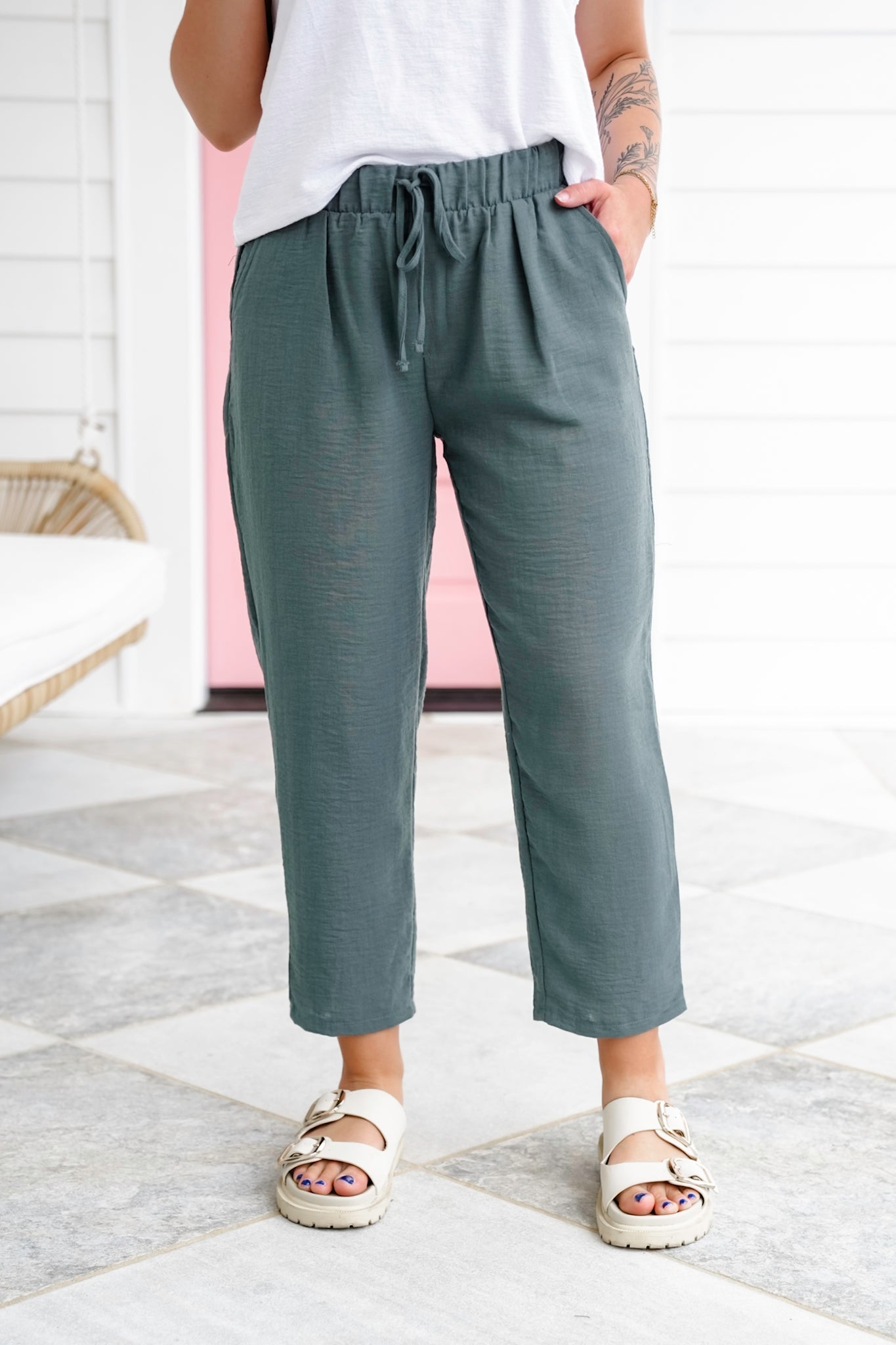 Door Buster! Zenana Woven Crepe Drawstring Elasticband Waist Pants