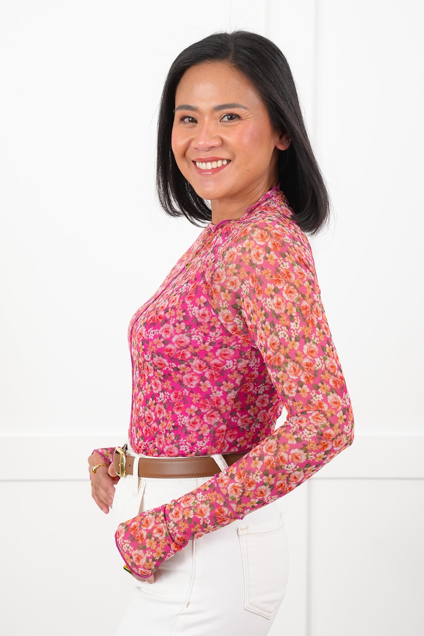 Restock! Plus/Reg Floral Mesh Long Sleeve Mock Neck Top