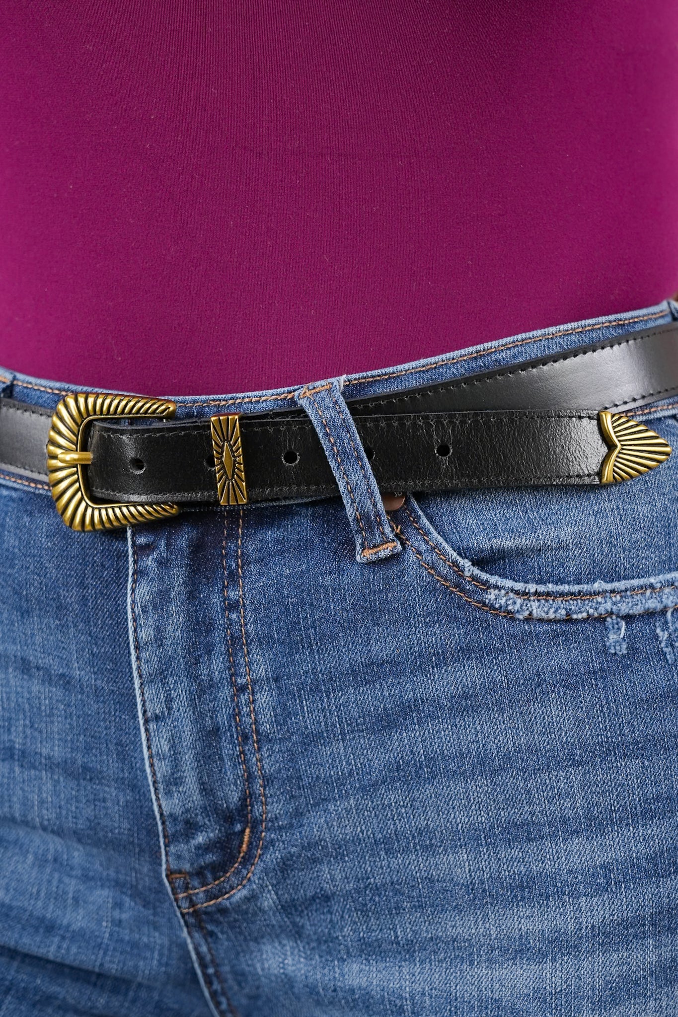 Black Leather Bohemian Brass Buckle Belt