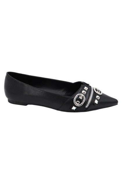 New Color!! Pointed Toe Flats with Zipper and Stud Detail