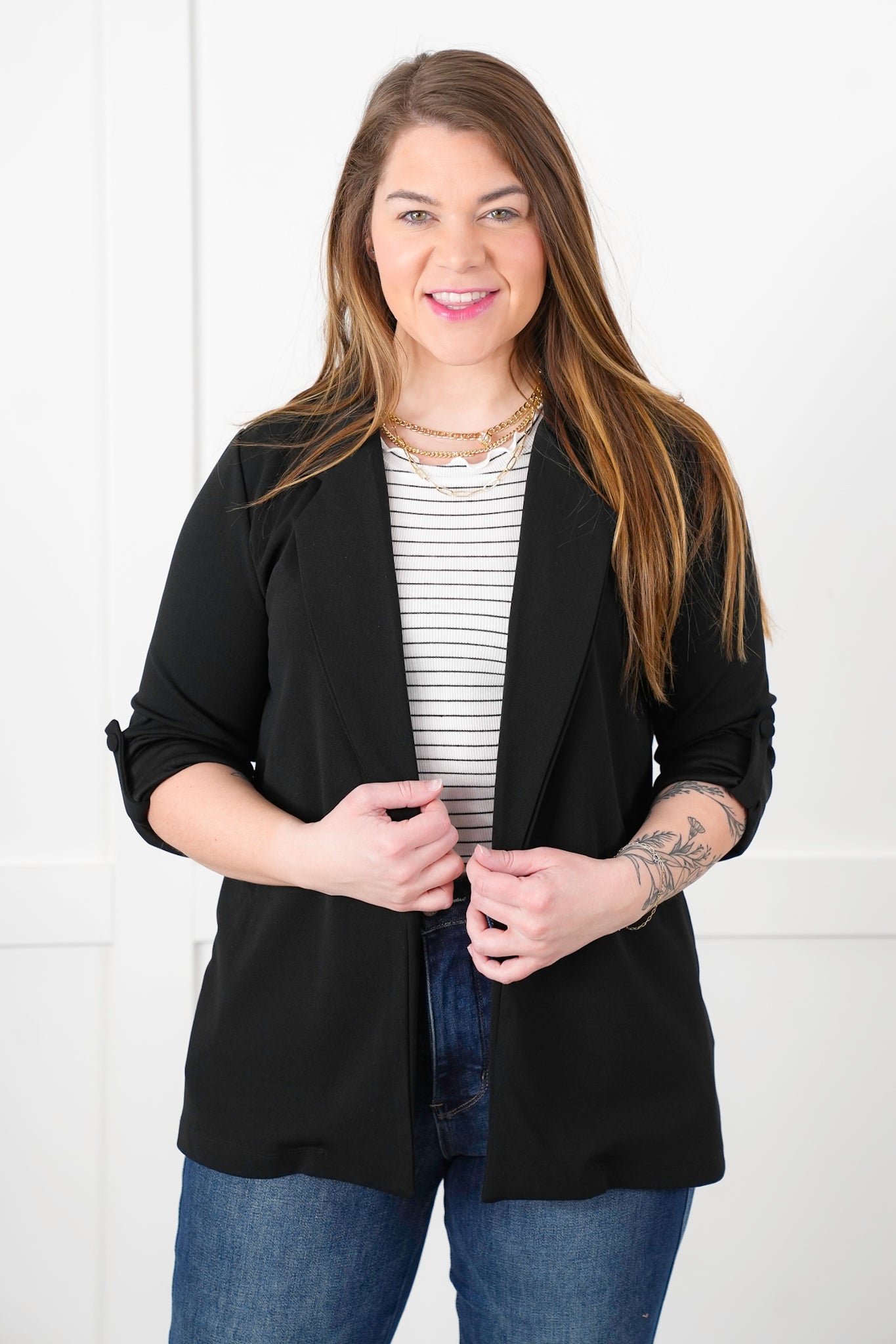 Door Buster! Plus/Reg Solid Button Tab Sleeve Open Blazer