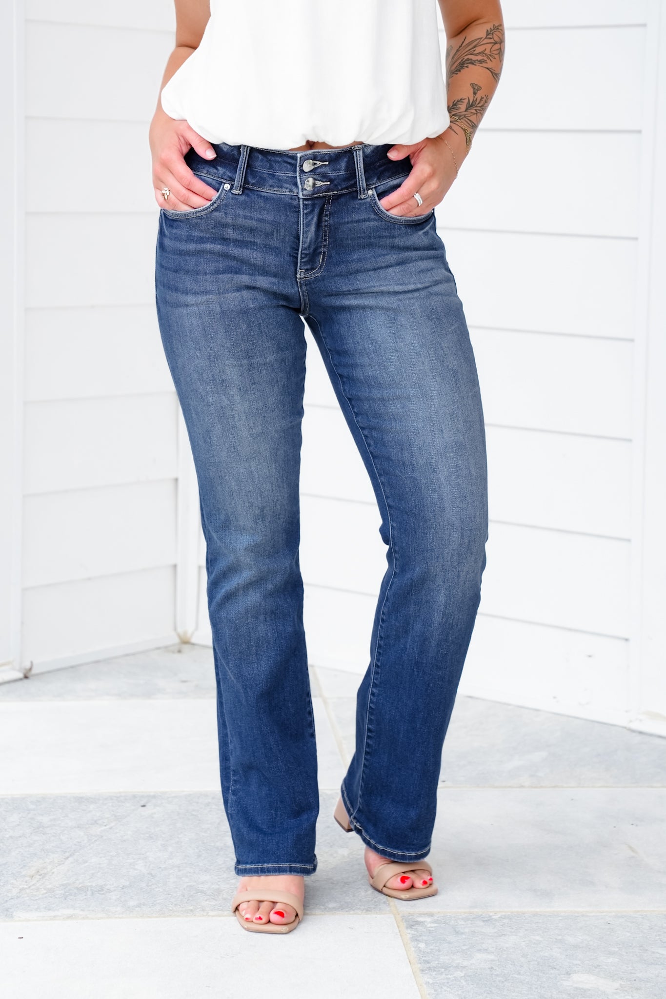 RFM Mid Rise Dark Wash Two Button Bootcut Jeans