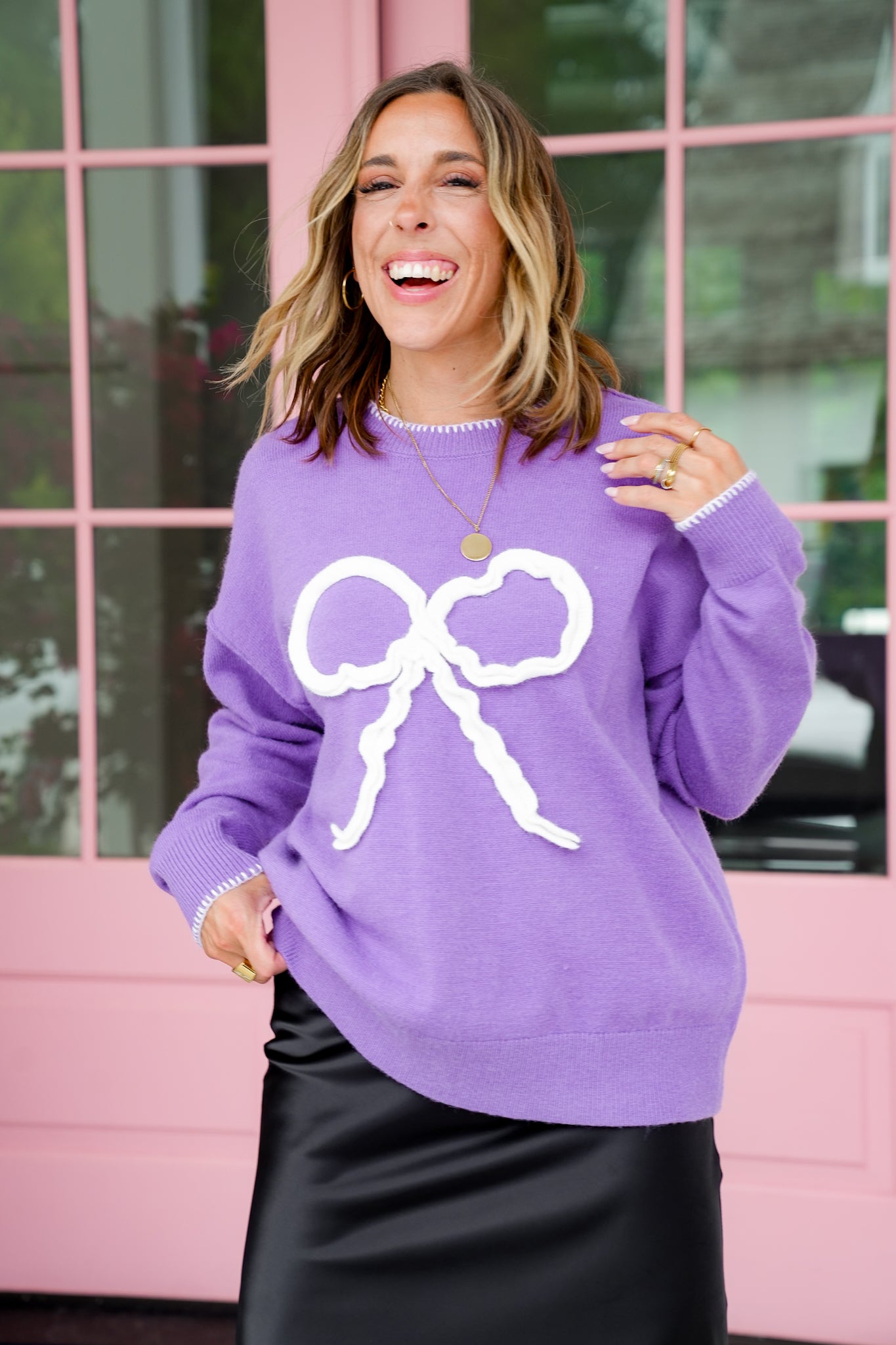 Knit Long Sleeve Crew Neck Sweater with Bow Detail