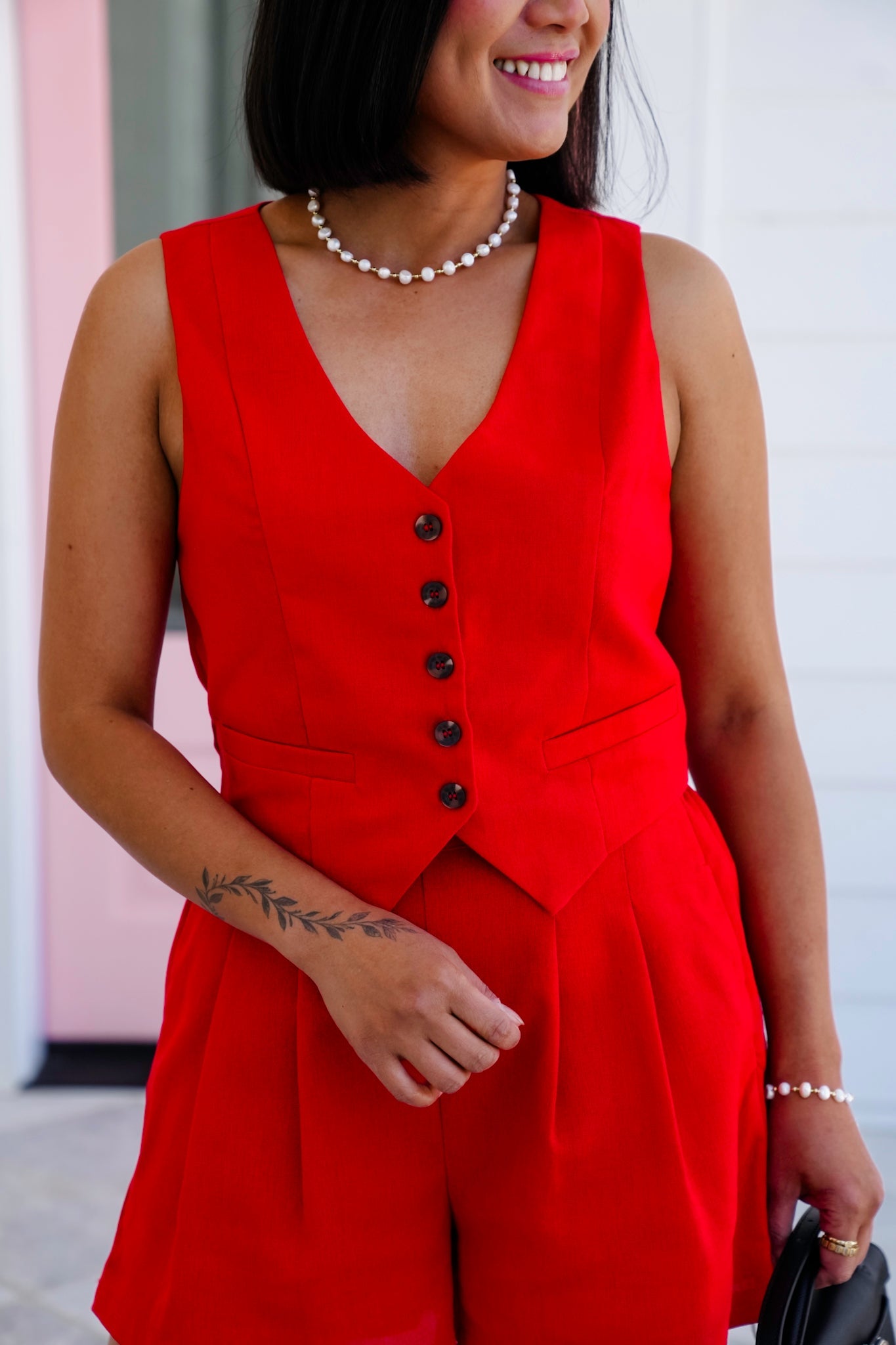 Red Linen Blend Button Down Vest