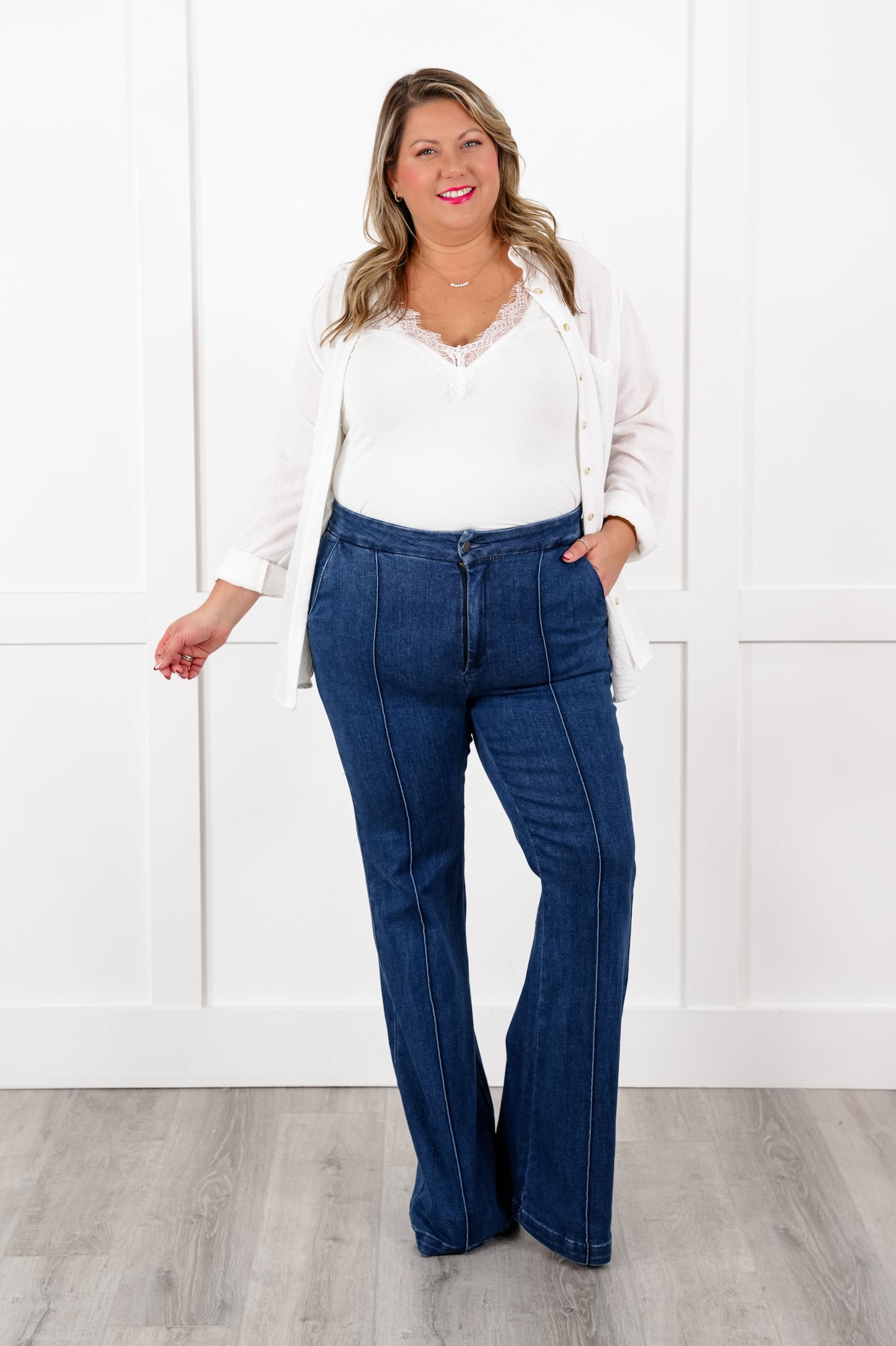 Special A High Rise Dark Wash Tummy Control Flare Jeans with Front Seam Detail