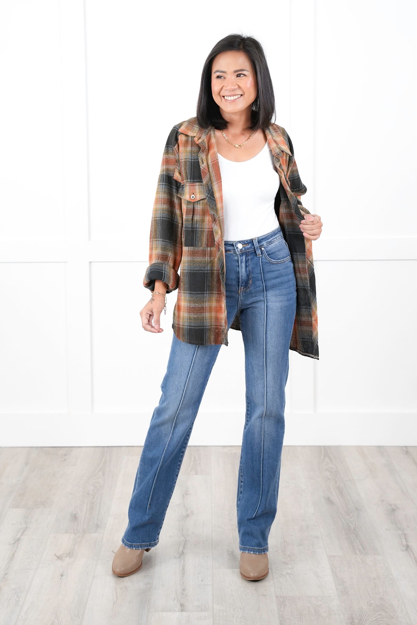 Risen High Rise Medium Wash Wide Leg Straight Cuffed Ankle Jeans
