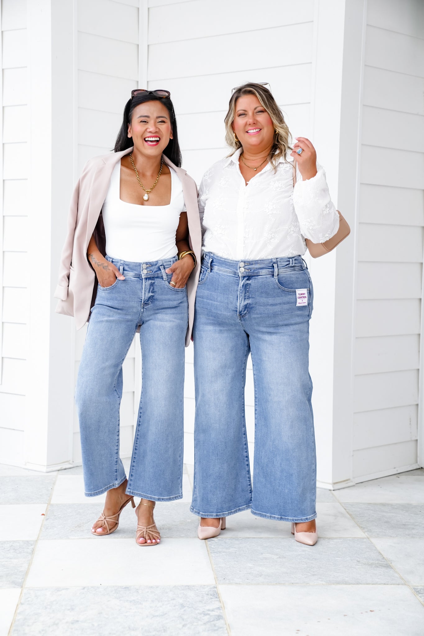 Risen High Rise Medium Wash Tummy Control Crop Wide Leg Jeans with Bow Detail