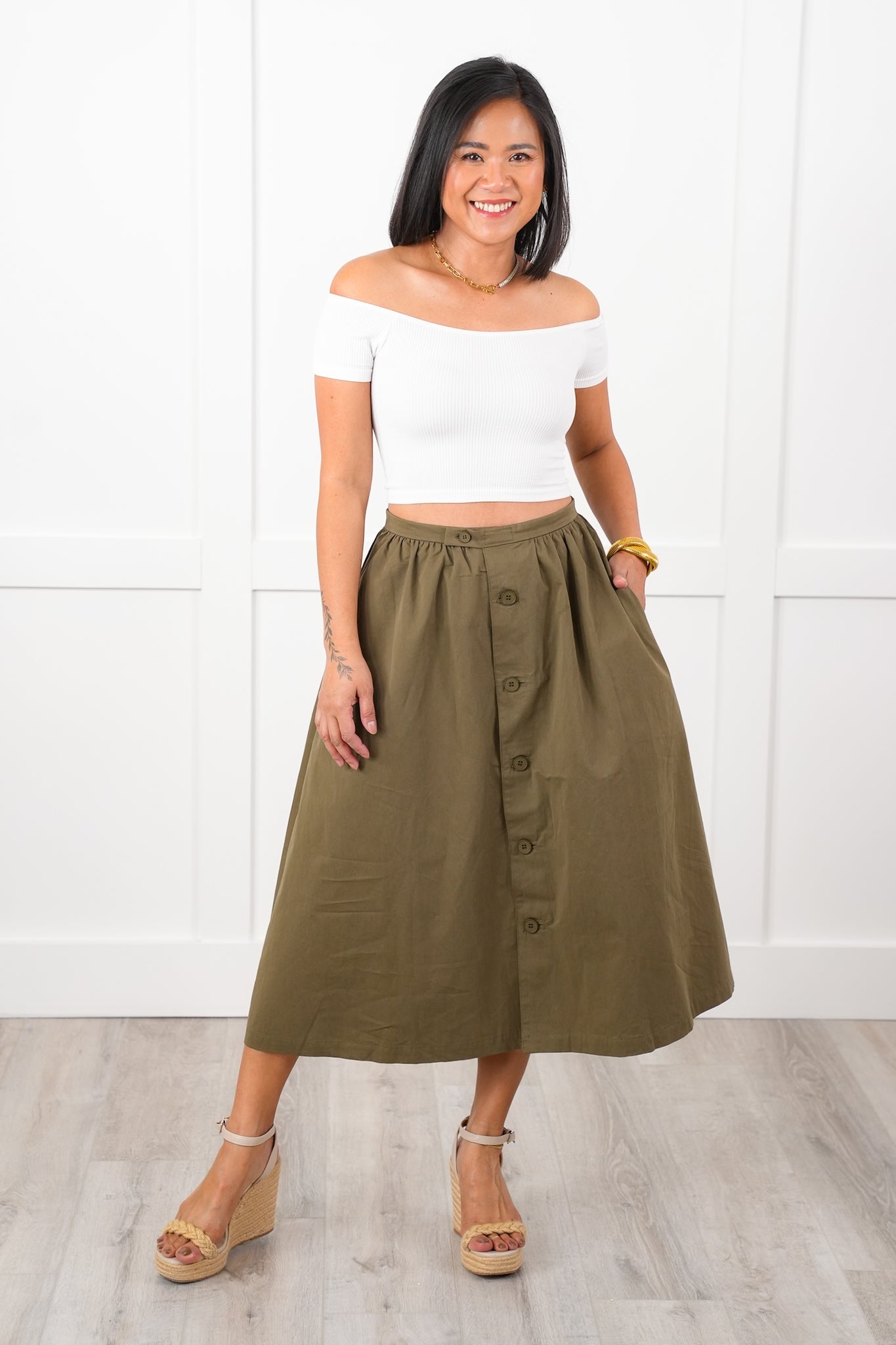Olive Poplin Button Down Skirt with Side Pockets